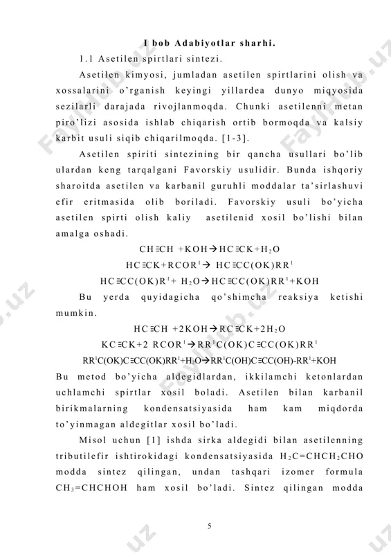 i sifatida dimetil-, dietil-, metiletil-, tetrametilsulfoksid xosilalalari ishlatilgan [2]. asetilen spirtlari xosil bo’lishiga ishqor ham ta’sir qiladi. masalan koh o’rniga naoh ishlatilsa mahsulot uchun 71% dan 47% gacha kamayadi. ishqor (koh) ishtirokidagi asetilen spirtlari sinteziga muhit sifatida tetragidrofuran yoki uning hisilalari ishlatilsa asetilen spirti uning 85-95% gacha oshadi. undan tashqari bu erituvchilar ishqor eritmasidan suvni tortib oladi. asetilenning dimetilformamid, dimetilfarfamid + dietilefir, tetragidrafuran va tetragidrofuran + dietil efir muhitida rcho bilan birikish asosida asetilen spirit olinishi quyida ifodalangan: rcho + hc ch(rch(oh)c ch bunda; r= -h, -ch3, -c2h5, -c3h7, -izo-c3h7, yoki c6h5. reaksiya kukun holdagi koh ning suvsiz organik erituvchidagi eritmasida olib boriladi. rr1c(oh)-c ch ko’rinishidagi birikmani olish uchun asetilen va mos ravishdagi karbanil birikmaning raeksiyasi 4-metiltetragidrofurndagi koh eritmasida olib boriladi [3]. rcor1+hc ch( rr1c(oh)c ch bunda r=-c3h7, -izo-c3h7, -c6h5, -(ch3)2c ch(ch3)2, yoki -ch3ch-(ch2)3ch3. r1=-h yoki -ch3; r+r1=alkilen. glikollarning asetal va dialkil efirlari muhutida asetilen bilan karbonil birikmalarning kondensasiyasidan 90% …