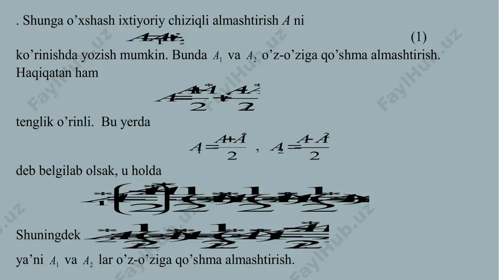 pleks l fazoda ikkita ermit φ(x,y) va ψ(x,y) formalar berilgan va ularning biri musbat bo`lsa , u holda ular l da umumiy kanonik bazisga ega. isboti. aniqlik uchun ψ(x,y)>0 bo`lsin . u holda l da (x,y)= ψ(x,y) tenglik yordamida skalyar ko`paytmani kiritamiz. 3-teoremaga asosan l da φ(x,y) uchun ortonormal kanonik bazis mavjud . bu bazis ψ(x,y) uchun ham kanonik bazis bo`ladi, chunki: ( e i ,e k )=( e i ,e k )= , `0, `kagardaikbolsaagardaikbolsa musbat operatorlar. agar chekli o`lchamli unitar l fazodagi chiziqli f operator uchun f=g·g* tenglikni qanoatlantiruvchi maxsusmas g operator mavjud bo`lsa , f operatorga musbat operator deb ataladi. tushunarliki f ham maxsusmas va  x  l uchun  0x (f(x),x)=(g·g*(x),x)=(g*(x),g*(x))>0 bo`ladi. endi ushbu teoremani isbotlaymiz. teorema. chekli o`lchamli unitar fazoda berilgan f chiziqli operatorning musbat bo`lishi uchun uning normal va barch a hos sonlarining musbat bo`lishi zarur va kifoya. isboti.1) f –chiziqli operator musbat …