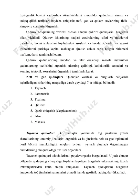 ning texnik imkoniyatlaridan kelib chiqib aniqlanadi. tayanch quduqlarini burĝilash jarayonida toĝ jinslarini namunalari olinadi hamda geofizik tadqiqotlar ōtkaziladi. parametrik quduqlar. neft va gaz konlari hosil bōlishi uchun sharoit mavjud bōlgan maydonlarda burĝilanadi. bu quduqlar yordamida belgilangan maydonlarda toĝ jinslarining chuqurlikdagi tuzilishi ōrganiladi va neftgazga istiqbolligi baholanadi. kyern olish tayanch quduqlariga nisbatan kam hajmda amalga oshiriladi. parametrik quduqlardan olingan ma’lumotlar bōyicha neftgazga istiqbolli maydonlar ajratiladi va ularni tōlik ōrganish uchun zarur materiallar tōplanadi. tuzilma quduqlari. tayanch va parametrik quduqlarni bergan ma’lumotlari bilan tuzilmani aniqlash va geologik qidiruv ishlarini kengaytirish uchun, neftgaz qatlamlarini qanday joylashganini aniqlash, geofizik tekshiruv ishlari ma’lumotiga asosan neft gaz qatlamlarini tuzilma xaritasini tuzish uchun burĝilanadi izlov quduqlari. parametrik quduqlardan olingan va boshqa tadqiqotlar ma’lumotlari bōyicha burĝulanadi. bu quduqlar yangi maydonlarda neft va gaz uyumlari mavjudligi yoki ularning yōqligini tasdiqlaydi. ishlatilayotgan uyumlardan pastda yotgan toĝ jinslari kesimi ōrganiladi namunalar maxsuldor gorizontlar bōlishi mumkin bōlgan oraliqlardan olinadi. izlov quduqlarida kon …