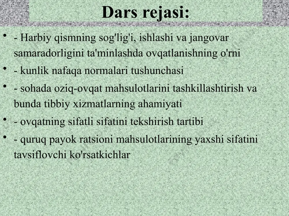 yoqimli, begona ta'mlarsiz, hidsiz, achchiq non zararkunandalari yo’q namliligi 5-8 минут nordoliligi javdar-210; bug'doy-130; javdar-bug'doy-200 10 10 qotgan nonlarning sifatini aniqlash kislotalilikni aniqlash -200 ml lik idishda yoki bankada -10 + 0,01 g kraker, xona haroratida 100 ml distillangan suv quying. -10 daqiqa turib oling, so'ngra 3 daqiqa davomida kuchli silkitib, 10 daqiqaga turing. suyuqlik qatlami stakanga suziladi. -25 ml infuzionni pipetka bilan 100 ml konusli flakonga o'tkazing, 5 tomchi 1% spirtli eritma fenolftaleinning eritmasini qo'shing. -va 0,1 n bilan titrlangan. natriy gidroksid eritmasi ochiq pushti ranggacha. 11 11 qotgan nonlarning sifatini aniqlash kislotalilikni aniqlash (x) darajadagi kislotalilik 100 g quruq moddaga quyidagi formula bo'yicha hisoblanadi: k x v x 400 x = ------------------- (100 x hb) qayerda natriy gidroksid eritmasining titri uchun tuzatish koeffitsientiga; v titrlash uchun 0,1 n natriy gidroksid eritmasining iste'moli, ml; zanglagan zangning namligi,% (javdar, javdar bug'doy va bug'doy va fon rasmi unidan bug'doy zangining namligi …