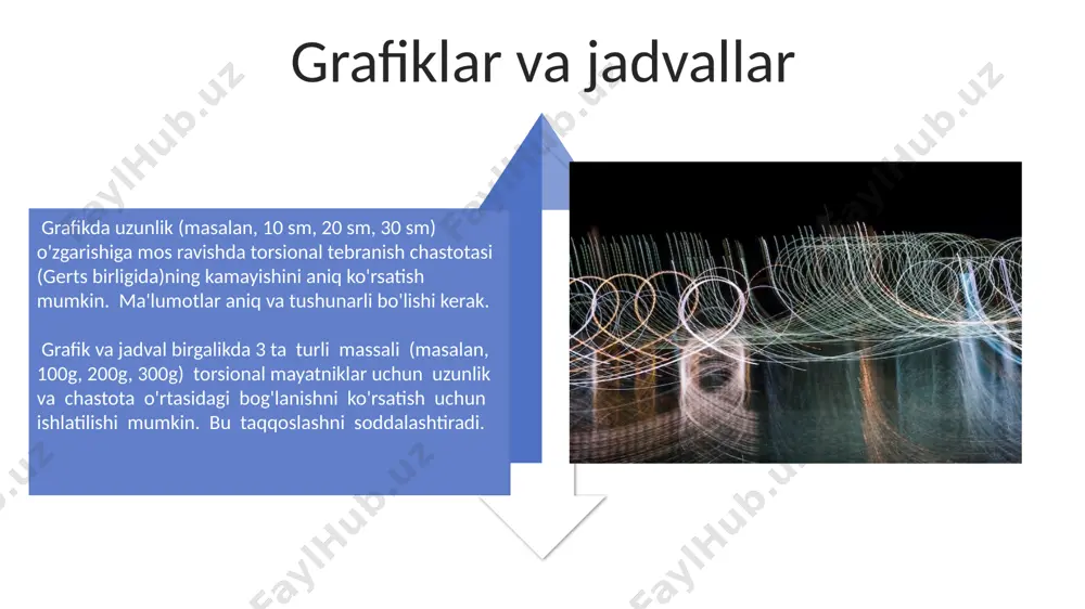 abatiga asoslanadi. burulma tebranishlari haqida umumiy ma'lumot burulma tebranishlarining davri (t) torsional qattiqlik (k) va inertsiya momenti (i) ga bog'liq bo'lib, t = 2π√(i/k) formula bilan aniqlanadi. burulma tebranishlari amplitudasi vaqt o'tishi bilan eksponentsial ravishda kamayib boradi, bu esa tebranishlarni susayishiga olib keladi va bu susayish koeffitsiyenti tizimning ichki ishqalanishiga bog'liq. kirish tajriba natijalariga ko'ra, burulma mayatnik uzunligining 2 barobarga ortishi uning tebranish chastotasi taxminan 1,41 marta kamayishiga olib keladi. burulma mayatnikining uzunligi o'zgarishi bilan uning tebranish chastotasi 2π√(i/k) formulasiga bo'ysunadi, bu yerda i inersiya momenti, k esa burulma qattiqligi hisoblanadi. e'tiboringiz uchun rahmat @taqdimot_robot image4.jpg image5.jpg image6.jpg image7.jpg image8.jpg image9.jpg image10.jpg image11.jpg image12.jpg image13.jpg image14.jpg image15.jpg image16.jpg image17.jpg image3.png image18.jpg image19.jpg image20.jpg image1.jpeg image2.jpeg