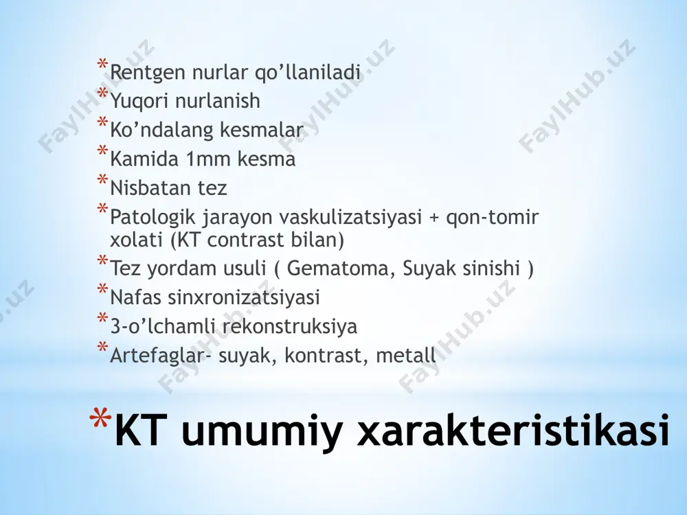 pyuter tomografiyasi toshiba birinchi bo'lib 1986 yilda spiral skanerlash g'oyasini patentladi. birinchi klinik tadqiqot 1989 yilda o'tkazilgan (t. katakura). 1990 yilda siemens kompaniyasi, keyin esa boshqa ishlab chiqarish kompaniyalari - 1991 yilda. spiral kompyuter tomografiyasining afzalliklari yuqori skanerlash tezligi - har bir aylanishi uchun 0,5 soniyagacha. qalinligi 1,0 va 0,5 mm bo'lgan yuqori aniqlikdagi qismlarni olish. kichik tafsilotlarni o'tkazib yubormasdan, o'rganilayotgan hududning butun hajmidan ma'lumotlarni to'playdi qayta tiklangan bo'laklarning qalinligi va balandligini o'zgartirgan holda posteriori rekonstruksiya qilish imkoniyati uch o'lchamli hajmli tasvirlarni qurish bolus kontrastini tomir ichiga yuborish imkoniyati zamonaviy ktdan foydalanish sohalari sohalar ortopediyava travmatologiya torakal, abdominal, qontomir jarrohlik onkologiya, gemotologiya,kimyoterapiya,radiatsionterapiya nevrologiya,nevroxirurgiya otorinolaringologiya pulmonologiyavaftiziatriya boloardagiog’irkasalliklari msktga ko’rsatmalar kompyuter tomografiyasi onkologiya xirurgik kasalliklar travma tizimli kasalliklar qon tomir kasalliklari yallig’lanish kasalliklari no’malum etiologiyali bemorning og’ir axvoli tug’ma anomaliyalar mskt uchun qanday qarshi ko’rsatmalar mavjud va bunday tadqiqot tanaga zararlimi? yod moddasiga allergiya homiladorlik buyrak yetishmovchiligi vazni ruxsat etilgan ko’rsatkichlardan (130-150)oshib …
