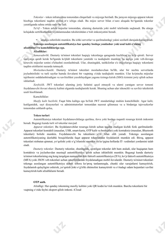 , autentifikatsiyaning eng keng tarqalgan shaklidir. parollar oddiyligi tufayli tizim va ilovalarni ishlab chiquvchilar uchun katta afzalliklarni taqdim etadi. odatda, tizimlar foydalanuvchilarga foydalanuvchi identifikatori (uid) va paroldan iborat kirish ma'lumotlarini taklif etadi. uid asosiy tizimning foydalanuvchilar reestriga noyob tarzda kiritilgan bo'lib, foydalanuvchi tomonidan taqdim etilgan parol yoki uning hosilasi va reestrning foydalanuvchi yozuvida saqlangan parol o'rtasidagi taqqoslash noaniqliksiz amalga oshiriladi. odatda katta-kichik harf sezgirligi bilan mos kelishi kerak. ishonchli parollarni boshqarishga yondashuvlar. parolga asoslangan autentifikatsiya hech bo'lmaganda yaqin kelajakda keng qo'llanilishi kutilmoqda. parollar bilan bog'liq ba'zi zaif tomonlarni yumshatish uchun mavjud bo'lgan eng yaxshi amaliyotlarni qo'llash kerak. quyida biz parollarni boshqarish bo'yicha ba'zi umumiy amaliyotlarni sanab o'tamiz. parolni kodlash. parollar kamdan-kam hollarda o'qiladigan ochiq matn sifatida saqlanadi. ishonchli foydalanuvchi registrlari parollarni shifrlangan shaklda saqlaydi. bundan tashqari, shifrlangan shakl odatda shunday bo'ladiki, uni qaytarib bo'lmaydi. bir yo'nalishda hisoblash oson, lekin teskari o'zgartirish qiyin bo'lgan bir tomonlama xesh funktsiyalari parollarni kodlangan shakllarda …