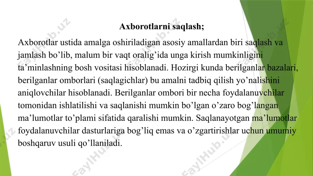 min qilish (prognozlash). ma’lumotlarning ierarxik va tarmoq modellari mashina muhitidagi ma’lumotlarning murakkabroq modellari - tarmoqli va ierarxik modellar bo‘lib hisoblanadi. bu modellar ularning o‘zlariga xos turdagi ma’lumotlar bazasini boshqarish tizimida ishlatiladi. mbbtda ma’lumotlarni mantiqiy tashkil etish usuli ma’lumotlarning tarmokli yoki ierarxik modeliga mos holda ko‘rsatiladi. bunday model o‘zaro bog‘liq ob’ektlarning majmuidir. ikki ob’ektning aloqasi ularning bir-biriga tobeligini aks ettiradi. tarmokli yoki ierarxik modelida ob’ekt bo‘lib, mbbt kiritilgan ma’lumotlar tuzilmasining asosiy turlari hisoblanadi. turli mbbtlarda bu turdagi ma’lumotlarning tuzilmasi turlicha aniqlanishi va nomlanishi mumkin. relyasion modelda o’ziga xos atamalar ishlatiladi, biroq bu model moxiyatini o„zgartirmaydi. masalan, mantiqiy darajada element atribut deb ataladi. bundan tashqari u uchun “kolonka”, “ustun” va “maydon” atamalari ham ishlatiladi. atributlar to’plami kortejni (qator, yozuv, satr) xosil qiladi. kortejlar to’plami munosabatni (mb jadvali yoki faylini) xosil qiladi. relyasion modelda fayllar o’rtasidagi bog’lanishlar yaqqol tarzda tavsiflanmasligi ham mumkin. bu bog’lanishlar ma’lumotlarni qayta ishlash vaqtida dinamik ravishda mos maydonlarning qiymatlari …