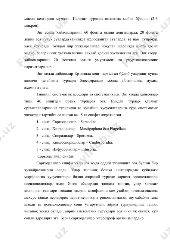 ёки радиолариялар - radiolaria туркум - нурсимонлар - radiolaria 3 - кенжа синф - қуёшсимонлар - heliozoa туркум - қуёшсимонлар - heliozoa илдизоёқлилар кенжа синфининг вакиллари ўта оддий тузилган организмлар бўлиб, улар шакли ва сони доимо ўзгариб турувчи псевдоподиялар билан ҳаракат қилади. кўпчилик турлари ҳимоя вазифасини ўтовчи чиғаноқ ёки кутикула (пўст) ҳосил қилади. улар ички скелетга эга эмас. кўпчилик илдизоёқлилар эркин ҳаёт кечиради, жуда озчилик қисми паразитдир. амёбалар туркуми. амёбалар чучук сув ҳайвонларидир. озчилик турлари паразитлик йўли билан ҳаёт кечиради. амёбаларнинг цитоплазмасида экто-ва эндоплазмалар аниқ ажралиб туради. эктоплазмаси тиниқ ва унда ташқи парда - пелликула ривожланмаган. эндоплазмаси суюқ ва донадор бўлади. протоплазмада ядро ва бошқа органеллалар жойлашган. амёбаларнинг ҳаракати псевдоподиялар (сохта оёқлар) ёрдамида амалга ошади. уларнинг ҳаракат тезлиги жуда паст 1 секунд ичида 0,5-3 мм ни ташкил қилади. чучук сувда эриган ҳар хил органик ва анорганик моддаларнинг қонцентрацияси амёбалар танасидагига қараганда анча юқори, яъни чучук сув протоплазмасидаги суюқликка нисбатан гипертоник …