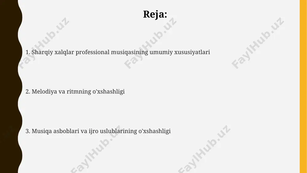 ali maqom tizimlarining o'xshashligi kuzatiladi, bu esa melodik tuzilmalar va ohanglarning umumiy xususiyatlarini aks ettiradi. o'rta osiyo va yaqin sharqdagi ba'zi urf-odatli cholg'ular, masalan, nay va surnay, o'zlarining akustik xususiyatlari va ijro texnikasi jihatidan sezilarli darajada o'xshashdir. markaziy osiyo va yaqin sharq xalqlari musiqasida 3 torli cholg'ular, masalan, dutar, setar va tanbur kabi asboblarning keng tarqalganligi va o'xshash tuzilishi kuzatiladi. musiqaning ijtimoiy funktsiyalari musiqa, ayniqsa marosimlar va bayramlar davomida jamoani birlashtiruvchi kuch sifatida, 5000 yildan ortiq vaqt davomida sharq xalqlarining ijtimoiy tuzilmasida muhim rol o‘ynaydi. sharq musiqasining 20 dan ortiq turli janrlari, ijtimoiy sinflar va kasblar o‘rtasidagi munosabatlarni aks ettiruvchi va mustahkamlovchi, aniq ijtimoiy funktsiyalarni o‘z ichiga oladi. musiqa orqali ma'lumot uzatish, tarixiy voqealar, afsonalar va qadriyatlarni saqlab qolish, sharq madaniyatlarida avlodlar o'rtasidagi aloqani mustahkamlashga yordam beradi. musiqiy janrlarning o'xshashligi maqom, ragas va khyal kabi mikrotonal tizimlarga asoslangan musiqiy janrlarning o'xshashligi, ayniqsa, melodik tuzilmalar va modal o'zgarishlarda yaqqol ko'rinadi. ko'plab …