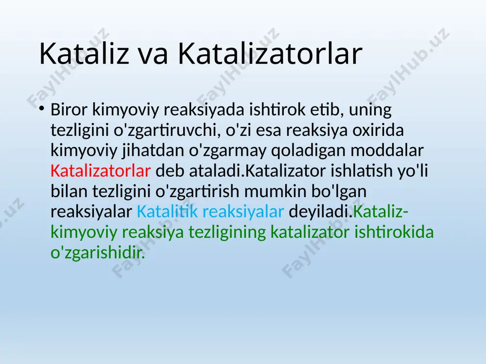 iy bog'liqliklar orqali amalga oshadi,bug'ni kondentsiyalanish energiyasiga teng qiymatda ega bo'ladi). kataliz multiplet nazariyasi aktiv markazlarni tabiatda o'rganish,o'tar holat nazariyasini katalizga taqbiq etish,yuzada hosil boʻlgan organik birikmalarning tabiatini va ularning hosil bo'lish mexanizmini o'rganish,katalizning ko'pgina hodisalarini tushunishga yordam beradi. yuzada ikki o'lchamda boradigan reaksiyalarning yo'nalishiga, saylash xususiyatiga va boshqa faktorlarga aktiv markazlarning tabiati,soni va aktivligidan tashqari,bir-biriga nisbatan qanday joylashganligi ham ta'sir qilsa kerak.bu mulohazalarning dastlab a.a.balandin e'tiborga olib,o'zining multiplet nazariyasida bu masalani yoritdi. multiplet nazariyasiga ko'ra adsorbtsion aktiv markaz bilan katalitik aktiv markaz bir xil emas.adsorbtsion aktiv markazlarni ma'lum sondagi guruhi katalitik markazlarni hosil qiladi. aktiv markazlar yuzada tartibsiz emas,balki geometrik jihatdan ma'lum tartibda joylashgan bo'ladi.tartibli bunday joylashish kristall panjarada aks etadi.katalizator yuzasida reaksiyaga kirishuvchi moddaning molekulasi birgina aktiv markaz bilan emas,balki,ikki(duplet), uch (triplet) va umuman bir qancha (multiplet) markazlar tomonidan tortilishi mumkin. agar reaksiyaga kirishuvchi modda molekulasi birgina birgina aktiv markazga tortilsa (bitta aktiv markaz ta'sirida bo'lsa), u juda …
