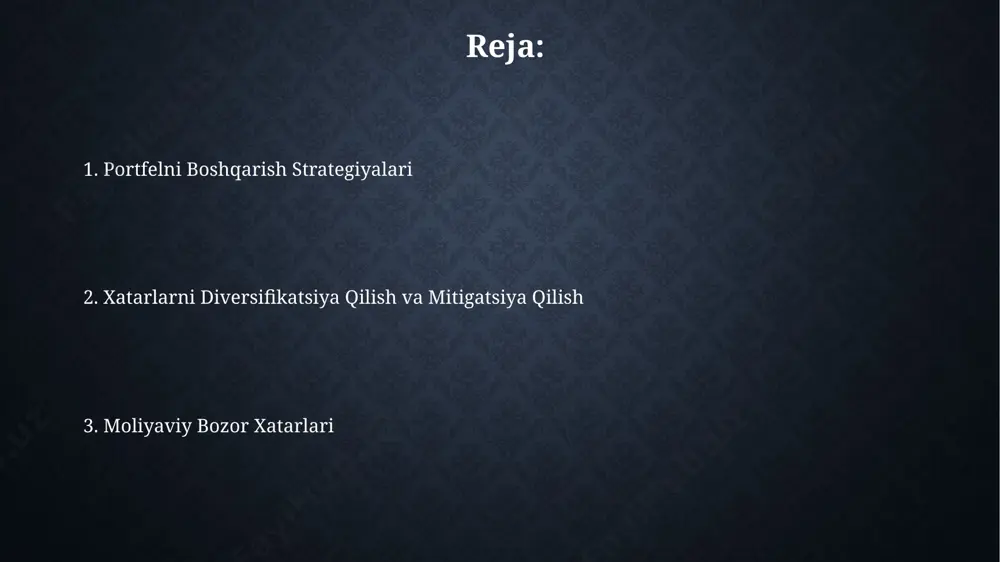 ko'plab mamlakatlar iqtisodiyotlarida salbiy ta'sir ko'rsatdi. likvidlik xavfi 2008-yilgi global moliyaviy inqiroz ko'rsatganidek, likvidlik xavfi, ayniqsa, rivojlanayotgan bozorlarda, masalan, o'zbekistonda, katta miqdordagi aktivlarni tez va samarali sotish qiyinligidan kelib chiqadi. likvidlik xavfini kamaytirish uchun portfelni diversifikatsiya qilish muhim, masalan, 30% aksiyalar, 40% obligatsiyalar va 30% immobiliyaga sarmoya kiritish orqali. bu buyuk britaniya kabi rivojlangan bozorlarda ham qo'llaniladi. valyuta kursi xavfi 2023 йилда o‘zbekiston respublikasi markaziy banki tomonidan belgilangan valyuta kursi o‘zgarishi, eksport va import operatsiyalarida 5% dan ortiq yo‘qotishga olib kelishi mumkin. valyuta kursi xavfini kamaytirish uchun diversifikatsiya strategiyasi sifatida, xorijiy valyutalarda 20% dan ortiq aktivlarni saqlash tavsiya etiladi. kredit xavfi markaziy osiyo mamlakatlarida kredit xavfi baholash tizimi xalqaro standartlarga to'liq mos kelmaydi, bu esa xorijiy investorlar uchun qo'shimcha xavflar yaratadi va 30% ga yaqin kreditlar xavfli deb baholanadi. toshkentdagi yirik korxonalarning 10% dan ortig'i yuqori kredit xavfi guruhiga kiradi, bu esa ularning moliyaviy barqarorligiga tahdid soladi va 2024 yil …