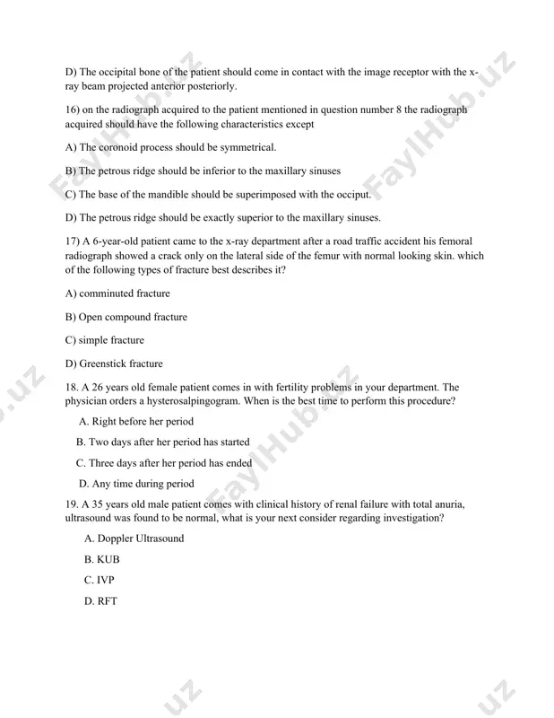the following? a. do pa & lateral x ray b. position the pt properly c. consider anode heel effect d. select appropriate 35 * 43 film size 21. a 25 years old female patient comes with history of falling down accident & the rt side of the chest is hyper-resonant to percussion, then the physician order pa chest x ray of this patient, so what x ray finding would you expect to be present on the film? a. air filled bronchi running through fluid – filled alveoli b. an increase in broncho vascular marking & bronchi seen end which may appear as ring shadows c. flattened hemi diaphragm with increased & irregular radiolucency of the lung d. radiolucent lung with absent vascular markings & ill-defined lung edge 22. a 2 days old neonate with excessive salivation develops respiratory distress. attempts to pass an or gastric fail because the catheter coils …
