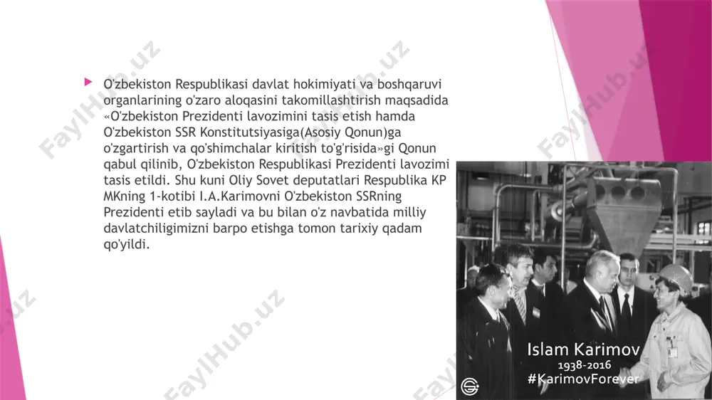 ishonchi teran ifodalangan. unda mardona va sharaflarga boy o‘tmishimiz, milliy an’ana va qadriyatlarimiz, tinchlik, osoyishtalik, millatlararo totuvlik va birodarlik kabi umuminsoniy tuyg‘ular tarannum etilgan. foydalanilgan adabiyotlar 1. mirakulov.m.m. o'zbekiston respublikasi prezidentining konstitutsiyaviy-huquqiy maqomi (qiyosiy-huquqiy tahlil): diss. -toshkent, 2016- 258 b 2. abbosxodjayev sh.a. demokratik davlat qurilish sharoitida prezidentlik institutining huquqiy asoslari : diss -toshkent, -163.b image1.png image2.png image3.png image4.png image5.png image6.png image7.png image8.png image9.png /docprops/thumbnail.jpeg