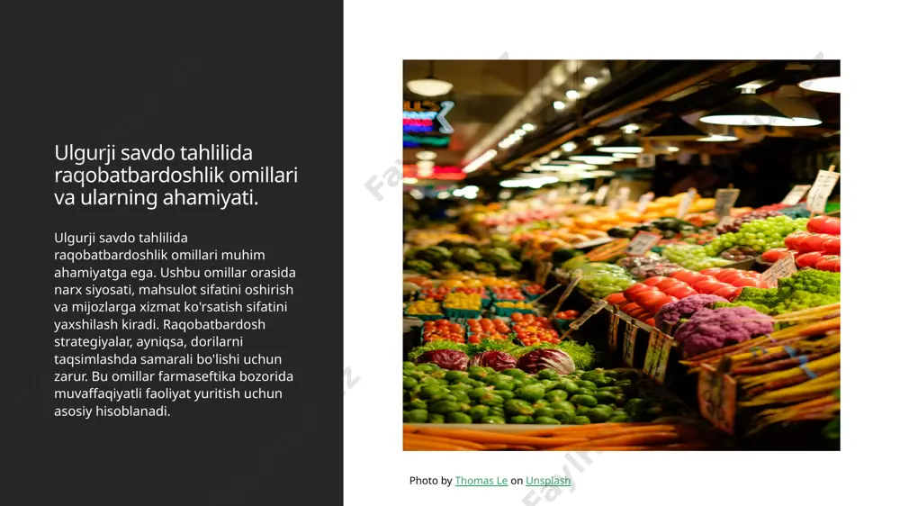 qartirishga yordam beradi, bu esa raqobat ustunligini ta'minlaydi. xulosa 01 farmatsevtika bozorida ulgurji savdo muhim ahamiyatga ega farmatsevtika bozorida ulgurji savdo, dori-darmonlarni samarali taqsimlash va iste'molchilarga yetkazib berishda muhim rol o'ynaydi. bu jarayonni to'g'ri tashkil etish, raqobatbardoshlikni oshiradi. 02 o'zbekistonda muammolar va imkoniyatlar o'zbekistonda farmatsevtika ulgurji savdosida bir qancha muammolar mavjud. biroq, bozorni rivojlantirish uchun imkoniyatlar ham ko'p, jumladan innovatsion yechimlar va ta'minot zanjirini yaxshilash. 03 raqobatbardoshlikni oshirish strategiyalari raqobatbardoshlikni oshirish uchun samarali strategiyalar ishlab chiqish zarur. bu, nafaqat ta'minot zanjirini optimallashtirish, balki innovatsion yondashuvlar orqali ham amalga oshirilishi mumkin. e'tiboringiz uchun rahmat! image1.jpg image2.jpg image3.jpg /docprops/thumbnail.jpeg