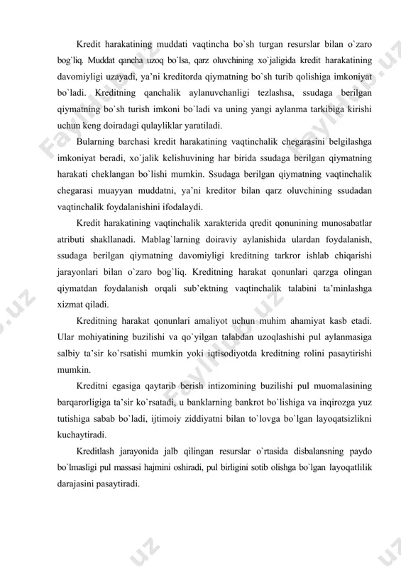 chaytiradi. kreditlash jarayonida jalb qilingan resurslar o`rtasida disbalansning paydo bo`lmasligi pul massasi hajmini oshiradi, pul birligini sotib olishga bo`lgan layoqatlilik darajasini pasaytiradi. ssudaga berilgan qiymatning saqlanishiga rioya qilmaslik resurslarning devalvatsiyasiga (resurs qiymatining pasayishga), iqtisodiyotga berilgan qiymatning pasayishiga olib keladi. kredit qonunlarining ahamiyati davlatning, shuningdek banklarning mamlakat iqtisodiyotini tartibga solishdagi eng muhim vazifalaridan biri bo`lib hisoblanadi. kredit funksiyalari «funksiya» (lat. functio – va’da bajarish) atamasi keng doirada tarqalgan ilmiy atamadir. ushbu atamadan tabiiy fanlar, shuningdek iqtisodiyot nazariyasi va filosofiya fanlarida foydalaniladi. bu atama bir xil ma’noda izohlanmaydi. masalan, matematika fanida funksiya - o`zgaruvchilarning o`zaro bog`lanishi, biologiya va ximiya fanlarida umumiy xossalar tushuniladi. funksiya – bu predmet yoki sub’ekt (inson)lar tomonidan muayyan bir sharoitda amalga oshiriladigan masaladir. funksiya mohiyat tahlilining davomiyligi bilan izohlanadi. kredit tarkibida ichki tuzilmaviy elementlar o`zaro bir-biriga ta’sir ko`rsatsa, kredit funksiyasida uning tashqi muhit bilan o`zaro ta’siri harakatda bo`ladi. kreditning funksiyasi o`z ichiga metodologik prinsiplarni qamrab oladi, u kredit …