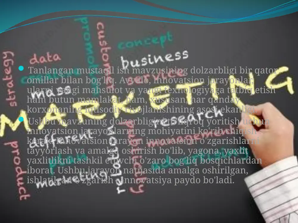 strategiyasini ishlab chiqish; - operativ marketing faoliyati; - marketingdan olingan xarajatlar va daromadlar smetalari marketingda innovatsion faoliyat, qoida tariqasida, "ishlab chiqaruvchi - xaridor" zanjiridagi munosabatlarning butun tsiklida amalga oshiriladi. biroq, marketing sohasida innovatsiyalarni joriy etishni sekinlashtiradigan jihatlar mavjud: - davlat va ijtimoiy cheklovlar mavjudligi; - ishlab chiqish va amalga oshirish jarayonlarining yuqori narxi; - kapitalning etishmasligi; - raqobatdosh tovarlarning paydo bo'lishi natijasida tovarlarning hayot aylanishining qisqarishi; - innovatsiyalarni rivojlantirish xarajatlarining o'sishi; - yangi mahsulotni muvaffaqiyatsiz joylashtirish, samarasiz reklama kampaniyasi yoki juda yuqori narx. yangi turdagi mahsulotning tijorat muvaffaqiyati imkoniyatlarini oshirish uchun (u bozorga chiqarilishidan oldin ham) ishlab chiqish bosqichida intensiv sinov va tadqiqotlar o'tkazilishi kerak. ehtimol, bu quyidagi yo'nalishlar bo'lishi mumkin: - yangi turdagi mahsulot kontseptsiyasini sinab ko'rish uchun kontseptsiya testi o'tkaziladi; - laboratoriya alfa testidan so'ng beta-sinov o'tkaziladi yoki boshqacha aytganda - yangilikning dala sinovi; - yangi turdagi mahsulotni bozorga chiqarish rejasini va iste'molchilarning unga munosabatini sinab ko'rish uchun …