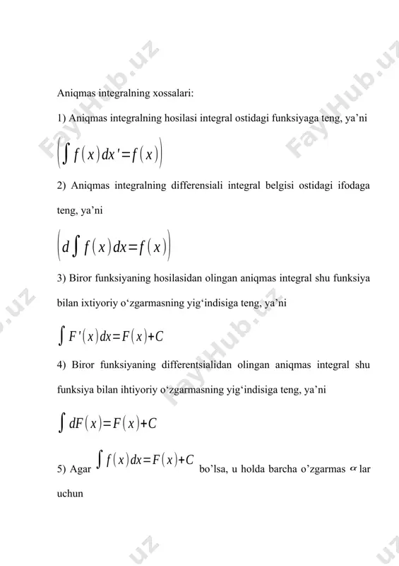 ndisini beradi (1-rasm). yuzlar yig’indisini odatdagi ma’noda hosil qilish uchun yuqorida ko’rsatilgan kesmalar bo’yicha olingan integrallar absolyut qiymatlari yig’indisini topish yoki (4||) integralni hisoblash kerak. agar y1=f1(x) va y2=f2(x) egri chiziqlar hamda x=a va x=b to’g’ri chiziqlar bilan chegaralangan figuraning yuzini hisoblash kerak bo’lsa, u holda f1(x)f2(x) shart bajarilgan figuraning yuzi qo’yidagiga teng: (5) 1-misol. y=cosx, y=0 chiziqlar bilan chegaralangan figuraning yuzi hisoblansin, bunda x[0, 2] (2-rasm). 2-rasm yechish. x[0, /2] va x[3/2, 2] da cosx0 hamda x[/2, 3/2] da cosx0 bo’lgani uchun demak, s = 4 (kv.birlik) 4. aniq integralning tadbiqlari noorganik kimyoda atom potentsiali bilan bog'liq bo'lgan etarli miqdordagi tenglamalarni hisoblash kerak. (masalan, ushbu 2 atom molekula tarkibiga kiradimi yoki yo'qligini aniqlash uchun, bu barcha narsalar barqaror bo'ladimi yoki n soniyadan keyin atomlarga bo'linib ketadimi va hokazo) integrallardan murakkab tenglamalarda foydalanish mumkin. kimyoda eng ko'p ishlatiladigan integrallar nazariy kimyoda, masalan, kvant kimyosida. mashhur kimyoviy integrallardan biri bu o'zaro …
