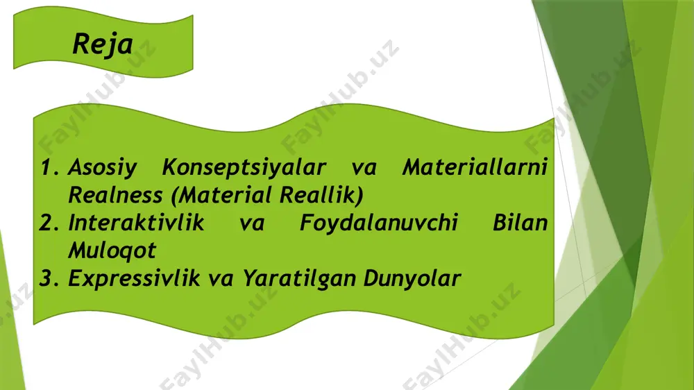 tual estetika: virtual dunyolar, obyektlar va materiallar ko'rib chiqilgan shaklda o'zgartirilishi mumkin, buning natijasida expressivlik va o'zgarmaslik yaratish imkoniyati orqali yaratilgan dunyoni modifikatsiya qilish mumkin. keng tarqalgan ko'rsatkichlar (broad accessibility): vizual estetika: san'at eserlari va fizikaviy dunyo asosan joylashgan joyda yoki mahalliy media orqali muvofiqlashtirilgan ko'rish imkoniyatlariga ega. vertual estetika: virtual dunyolar internet orqali keng tarqalgan foydalanuvchilar tomonidan yetkaziladi, shuning uchun ular keng doirada ko'rib chiqiladi va ularga kirish qulayliklari mavjud. bu farqlar, vizual va virtual estetika turlarini ajratib turishda, ularning har birining o'ziga xos qobiliyatlari va imkoniyatlari borligini ko'rsatadi. vizual estetika: fizikiy dunyoda amalga oshirilgan estetika, boshqa bir nomda vizual estetika, asosan butunlay materiallar va asosiy konseptsiyalarni aks ettiradi. obyektlar, ranglar, va teksturalar, fizikaviy xususiyatlari, va shakllari orqali ifodalangan joylashuvi, fizikaviy dunyo bilan bog'liqdir. vertual estetika: vertual estetika esa, kompyuter grafikasi, animatsiya, virtual reallik va boshqa texnologiyalar orqali yaratilgan dunyolarni o'z ichiga oladi. bu dunyolar fizikaviy realness va materiallarni …