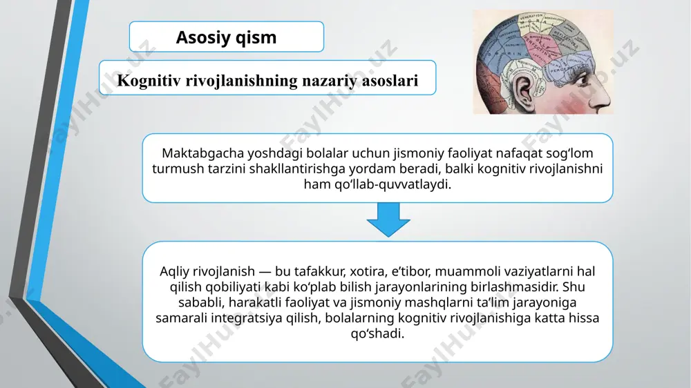 zaga keladi. binobarin, bu ikki jarayon birlashib, nafaqat qisqa muddatli ta’limni, balki uzoq muddatli rivojlanish o‘zgarishlarini ham yaratadi. piagetning kognitiv nazariyasi birinchi navbatda uzoq muddatli rivojlanishlarga qaratilgan. tug‘ilgan paytdan boshlab o‘smirlik davrining oxirigacha bilish turli bosqichlarga ko‘ra rivojlanadi. butun dunyodagi ta’lim jarayonlariga jan piagetning kognitiv rivojlanish nazariyasi chuqur ta’sir ko‘rsatdi. jan piagetning nazariyasiga ko‘ra, miller ta’kidlaganidek, «bolalarning aql-zakovati ular o‘sishi bilan o‘zgaradi» va “bolalarda kognitiv rivojlanish faqat bilim olish bilan bog‘liq emas vigotskiy nazariyasi piagetning fikridan farqli o‘laroq, vygotskiyga ko‘ra, ijtimoiy ta’lim odatda rivojlanishdan oldin keladi . shu sababli, ushbu nazariyaga ko‘ra, tuzilgan kognitiv qobiliyatlar ijtimoiy jihatdan boshqariladi. madaniy vositachilik orqali o‘rganish, xotira, diqqat va muammolarni hal qilish qobiliyatlari shakllanadi xulosa va tavsiyalar umumiy 1. kognitiv rivojlanish — shaxsiy intellektual salohiyatning poydevoridir. maktabgacha yosh davri esa bu rivojlanish uchun eng muhim bosqichdir. rivojlantiruvchi o‘yinlar orqali bola o‘z bilimlarini mustahkamlaydi, axborotni qayta ishlash, tushunish va qo‘llash mexanizmlarini o‘zlashtiradi. ta’lim faoliyati to‘g‘ri …