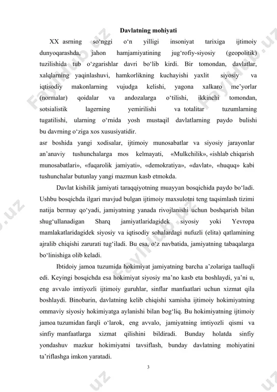 i o‘larok, eng avvalo, jamiyatning imtiyozli qismi va sinfiy manfaatlarga xizmat qilishini bildiradi. bunday holatda sinfiy yondashuv mazkur hokimiyatni tavsiflash, bunday davlatning mohiyatini ta’riflashga imkon yaratadi. albatta, davlat tushunchasiga u yoki bu yondashuvni dabdurustdan inkor etish to‘g‘ri emas. davlatga berilgan har qanday ta’rifni diqqat bilan o‘rganish kerak. bunda asosiy e’tiborni davlatning mohiyati nimadan iboratligiga qaratish lozim. shu bois, mohiyat mazkur xodisadagi bosh, belgilovchi, asosiy jihatdir, ya’ni bu xodisani tashkil etadigan ichki o‘ziga xos xususiyatlari yig‘indisi bo‘lib, ularsiz har qanday hodisa o‘ziga xoslikdan mahrum bo‘ladi. davlat mohiyatining asosiy jihati hokimiyat va uning kimga tegishliligi masalasidir. hozirgi davrda demokratik huquqiy davlat nazariyasini ishlab chiqish huquqshunoslik fanining asosiy g‘oyasi va vazifasidir. demokratik huquqiy davlatni shakllantirish hozirgi paytda jahon taraqqiyotining markaziy yo‘nalishidir. u ijtimoiy borliqni butunlay qamrab oladi. bu esa hozirgi davrda davlat va huquqning ahamiyati obyektiv ravishda yanada oshishiga olib kelmokda. mustaqilligmizni dastlabki yillarida, ya’ni oliy majlisning birinchi sessiyasida, mamlakatimiz oldida birinchi navbatda …