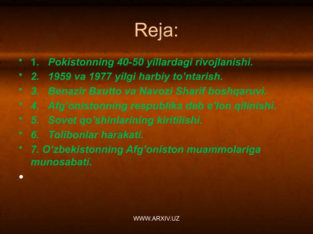 ag qila olmadi. harbiy mag’lubiyat harbiy rejimning yo’q bo’lishi hukumat tepasiga zulfiqor alixon bxutto rahbarligidagi pokiston xalq portiyasining kelishiga sabab bo’ldi. 1977 yil 5 iyulda navbatdagi harbiy to’ntarish yuz berdi va hokimiyat general ziyoulhaq qo’liga o’tdi.yangi ma’muriyat konstitutsiyani bekor qildi, parlamentni tarqatib yubordi va pxt tarafdorlarini ta’qib qila boshladi.z.bxutto qatl qilindi. www.arxiv.uz . xindison bosh vaziri shastri va pokiston prezidenti ayyubxon www.arxiv.uz qo’shni afg’onistondagi sovet qo’shinlarining kiritilishi bilan bog’liq voqealar aqsh rejasiga ko’ra pokistonning harbiy platsdarmi sifatidagi ahamiyatini oshirdi. pokistonda qochoqlar uchun lager tashkil etildi va u afg’on jangarilari uchun tayanch bazasiga aylandi. 1988 yil 17 avgustda gen. ziyoulhaq aviatsiya falokatida halok bo’ldi va senat raisi g’ulom ishoq xon prezidentlik lavozimini egalladi.1988 yil 16 noyabrda umumxalq parlament saylovlari bo’lib o’tdi. asosiy kurash pxt va pokiston musulmon ligasi o’rtasida bordi.unda pxt g’alaba qozondi va z. bxuttoning qizi-benazir bxutto o’z otasi partiyasiga yetakchilik qilgan holda bosh vazirlikka saylandi www.arxiv.uz biroq 1969 yil …