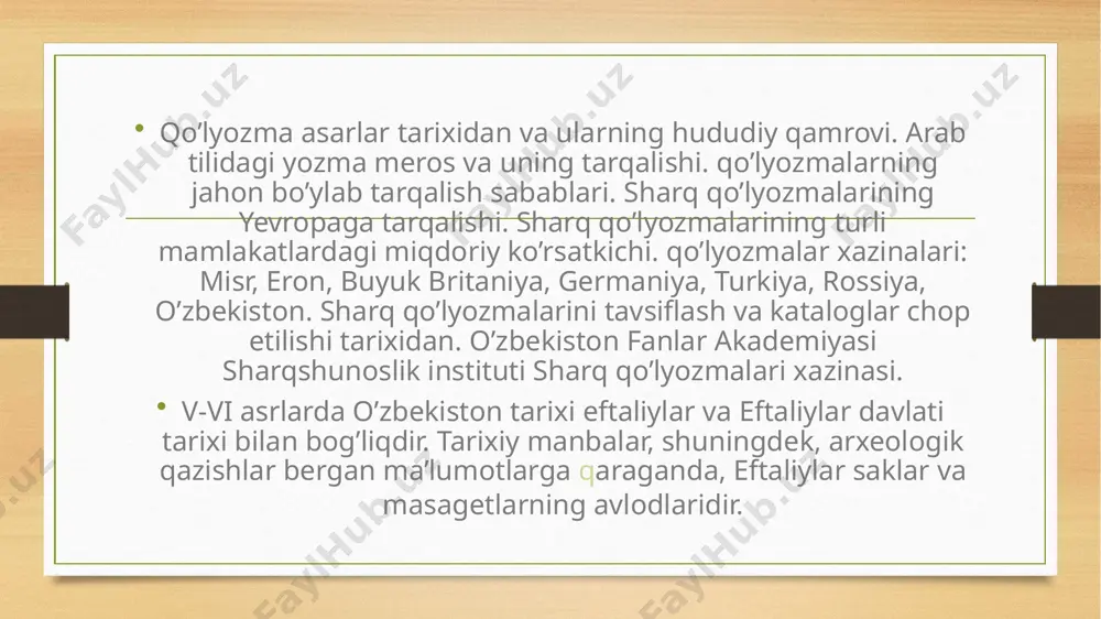 lishi hukmronligi yillari 10 toifaga bo’lingan. masalan, chu daryosining o’ng tarafida istiqomat qiluvchi xalqlar nushibi (5 toifa), daryoning so’l sohilida istiqomat qiluvchilar esa dulu (5 toifa) deb atalgan. ko’p o’tmay bu toifalar o’zlarining mustaqil davlatini tuzib oldilar. bu o’zaro feodal kurashning kuchayishiga olib keldi. foydalaniladigan adabiyotlar ro‘yxati 1. мирзиёев ш.м. эркин ва фаровон демократик ўзбекистон давлатини биргаликда барпо этамиз. ўзбекистон республикаси президенти лавозимига киришиш тантанали маросимига бағишланган олий мажлис палаталарининг кўшма мажлисидаги нутқ. - т.: ўзбекистон, 2016. 2. мирзиёев ш.м. қонун устуворлиги ва инсон манфаатларини таъминлаш юрт тараққиёти ва халқ фаровонлигининг гарови. -т.: ўзбекистон, 2017. 3. мирзиёев ш.м. буюк келажагимизни мард ва олийжаноб халқимиз билан бирга қурамиз. -т.: ўзбекистон, 2017. 4. madraimov a., fuzailova u. tarixiy manbash unoslik . o‘quv qo‘llanma. – t.: fan, 2010. 5. аҳмедов б. ўзбекистон тарихи манбалари (қадимги замон ва ўрта асрлар). – т., 2001. image3.png image4.png /docprops/thumbnail.jpeg
