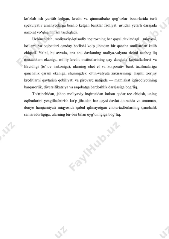 b atalgan usullarni bizga chetdan turib joriy etishga qaratilgan urinishlardan, bozor iqtisodiyoti o‘zini o‘zi tartibga soladi, degan o‘ta jo‘n va aldamchi tasavvurlardan voz kechdik. ma’muriy-buyruqbozlik tizimidan boshqaruvning bozor tizimiga o‘tish jarayonida tadrijiy yondashuvni, "yangi uy qurmasdan turib, eskisini buzmang" degan hayotiy tamoyilga tayangan holda, islohotlarni izchil va bosqichma-bosqich amalga oshirish yo‘lini tanladik. eng muhimi, parokandalik va boshboshdoqlik ta’siriga tushib qolmaslik uchun o‘tish davrida aynan davlat bosh islohotchi sifatida mas’uliyatni o‘z zimmasiga olishi zarurligini biz o‘zimizga aniq belgilab oldik. mamlakatimizning uzoq va davomli manfaatlari taqozo etgan holatlarda va keskin vaziyatlardan chiqish, ular tug‘diradigan muammolarni hal etish zarur bo‘lganda iqtisodiyotda davlat tomonidan boshqaruv usullari qo‘llandi va bunday yondashuv oxir-oqibatda o‘zini to‘la oqladi. shu o‘rinda o‘zbekistonda moliyaviy-iqtisodiy, byudjet, bank-kredit tizimi, shuningdek, iqtisodiyotning real sektori korxonalari va tarmoqlarining barqaror hamda uzluksiz ishlashini ta’minlash uchun yetarli darajada mustahkam zaxiralar yaratilganini va zarur resurslar bazasi mavjud ekanini ta’kidlash joiz. bank aktivlari hajmining sezilarli darajada oshganini hisobga …