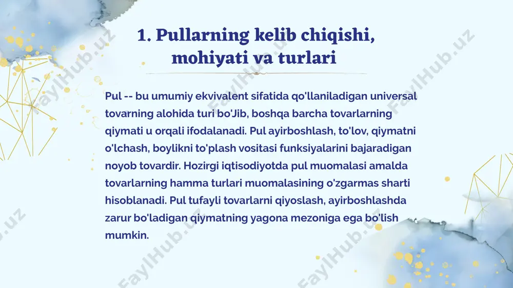 arini qayta moliyalash va markaziy bankning hisob stavkasi, tijorat banklaridan depozitlarni qabul qilish va boshqalar) orqali iqtisodiyotdagi pul massasiga taʼsir etiladi. markaziy bank foydalanadigan vositalarning har biri foiz stavkalarining oʻsishiga, kreditlash va qarz olish hajmini kamaytirishga, lozim boʻlganda foiz stavkalarini oshirishga yoki, aksincha, tushirishga xizmat qiladi. ochiq bozordagi operatsiyalar, majburiy eng kam zaxiralarning boʻlishi, hisobga olish siyosati, valyuta siyosati p.-k.s.ning asosiy tarkibiy qismlarini tashkil etadi 3. banklarning mohiyati va asosiy funksiyajari kredit - bank tizimining shaklianishi va rivojlanishi - iqtisodiy islohotlarni amalga oshirilishining ajralmas belgilaridan (xususiyatlaridan) biridir. bu shu bilan ta 'kidlanadiki, bank tizimi har qanday turdagi iqtisodiyotning markaziy tizimini tashkil qiluvchi unsurlaridan hisoblanadi. bank tizimi vaqtinchal1k bo'sh turgan pul mablag'larini akkumulatsiya qilish funksiyasini amalga oshiradi. bank tizimining muvaffaqiyatli ishidan iqtisodiyotni samarali faoliyat ko'rsatishi, umuman olganda mamlakatdagi iqtisodiy o'sish bog'liq bo'ladi. «bank tizimi» tushunchasi birinchi navbatda «bank va tizim» kabi tashkiliy tuzilmani tashkil qiluvchi tushunchalarni aniqlashni talab etadi. bank nima? …