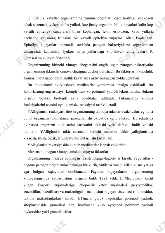 siyatiga ega bulgan xujayralar xisoblanadi. fagotsit xujayralarini organizmning ximoyalanishida katnashishini birinchi bulib 1883 yilda i.i.mechnikov kashf kilgan. fagotsit xujayralariga lekopoetik kator xujayralari (neyperofillar, 'eozinfillar, bazofillar) va makrofagal - manotsitar xujayra sistemasi (monotsitlar, tukima makrofaglarlari) kiradi. b1finchi gurux fagotsitlar polimorf yadroli, sitoplazmasida granullasi bor, boshkacha kilib aytganda polimorf yadroli leykotsitlar yoki granullatsitlar. mononuklyar fagotsitlar organizmni ximoyalanishida tur li kurinishlarda katnashadi. organizmning patogen agentlardan (mikrob, virus, sodda jonivorlardan) ximoya kiladi. organizmdagi fagotsit xujayralari axlatchi (musorщik) vazifasini bajargani uchun jaroxatlangan, uldirilgan xujayralarni va ba’zi neorganik birikmalardan organizmni tozalaydi. fagotsit xujayralari, limfotsitlar bilan xujayralararo kooperatsiyalarda katnashib, maxsus immun javobni kelib chikishida katnashadi. fagotsit xujayralari boshka xujayralarni boshkarishda katnashuvchi muxim bulgan biologik aktiv mediatirlar va aktiv modsalar ishlab chikaradi. (il-1, interferon). begona xujayralarni uldirish bilan usma xujayralarga karish kurashadi. fagotsit xujayralarga kiskacha xarakteristika. mononukyar fogotsitlar: neyperofillar - suyak kumigida xosil bulib, shakllanib kon okimiga chikadi. bu xujayralar kon tomirlarini endotelyasi orkali kon okimida tukimalarga yalliglanishi …