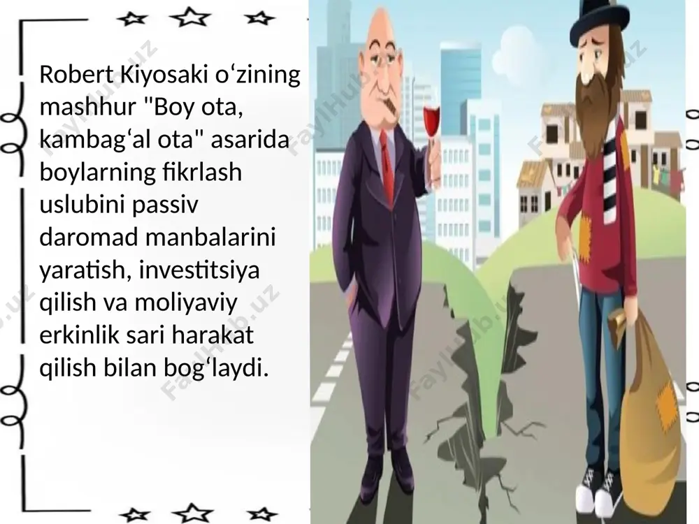 a intiluvchi jamoalarda bo‘lishni qadrlaydi, chunki ijtimoiy muhit shaxsiy o‘sishga bevosita ta’sir ko‘rsatadi. tarmoq qurish va imkoniyatlarni kengaytirishdagi faoliyat boylar kabi fikrlovchi insonlar uchun ijtimoiy tarmoq (networking) bu shunchaki tanish-bilish emas, balki strategik resurs, bilim, imkoniyat va kapital almashinuvi manbaidir. zamonaviy psixologik va iqtisodiy tadqiqotlar ko‘rsatadiki, muvaffaqiyatga erishgan shaxslarning asosiy kuchlaridan biri — bu ularning keng, sifatli va faol ijtimoiy aloqalari hisoblanadi .mark granovetter o‘zining mashhur “kuchsiz bog‘lanishlar kuchi” g‘oyasida, shaxslar orasidagi zaif, ya’ni rasmiy bo‘lmagan aloqalar yangi imkoniyatlar (ish o‘rinlari, sarmoya, g‘oyalar) topishda kuchli tanishlar kabi muhim rol o‘ynashini ta’kidlaydi. boylar tarmoq qurishni quyidagicha yo‘lga qo‘yadi. 1. qadriyatga asoslangan aloqalar o‘rnatish boylar odamlar bilan faqat manfaat uchun emas, balki o‘zaro ishonch, hurmat va uzoq muddatli hamkorlik asosida aloqalar o‘rnatadi. ular "kim meni nimadan foydalantiradi?" emas, balki "men boshqalarga qanday foyda keltira olaman?" degan yondashuvni tanlaydi. 2. aloqalarni strategik rivojlantirish ular har bir uchrashuvni, tanishuvni imkoniyat sifatida ko‘radi. boylar o‘z …