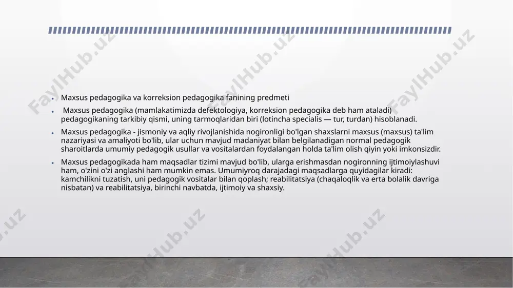 quqiga ega”. в узбекистане практика инклюзивного образования корнями уходит в глубь веков. так, например, из истории мы знаем, что великий ученый средневековья аль-бухари имел ослабленное зрение, что тем не менее, не помешало ему получить образование в медресе. население узбекистана в последние годы неуклонно растет и достигло 34,6 миллиона человек в апреле 2021 года [44], 60% из которых моложе 30 лет. официальное количество лиц с инвалидностью, которое составляет 2,1% населения, скорее всего, занижено, учитывая, что, согласно оценкам, 15% людей во всем мире имеют ту или иную форму нарушений функций, и около 80% из них живут в развивающихся странах [45]. такие низкие официальные цифры могут быть объяснены устаревшей советской системой оценки и определения инвалидности, которая влияет на нынешнее определение инвалидности в узбекистане и государственные меры политики, направленные на поддержку лиц с инвалидностью o‘zbekistonda imkoniyati cheklangan bolalarning ta’lim olish imkoniyatio‘zbekistonda nogironligi bo‘lgan bolalarning ta’lim olish imkoniyatini ko‘rib chiqayotganda shuni ta’kidlash kerakki, nogironligi bo‘lgan …