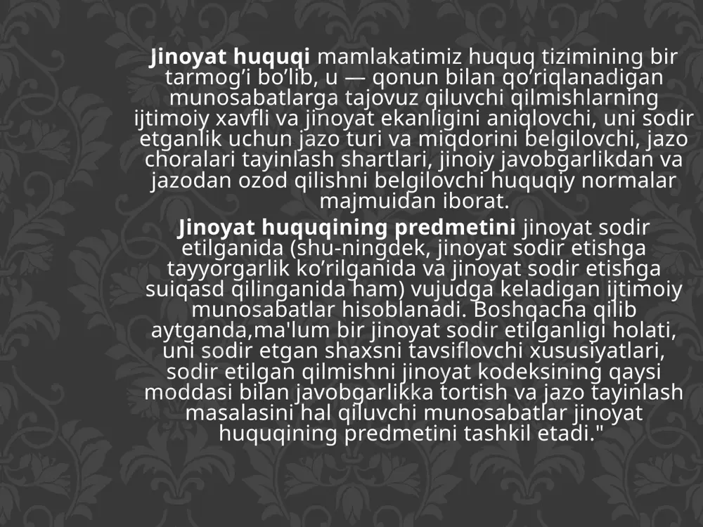 har bir huquq tarmoqlarining prinsiplari bo’lgani kabi jinoyat huquqining ham jinoyat huquqi normalarida mustahkamlab qo’yilgan, uning umumiy mazmunini belgilovchi prinsiplari mavjud bo’lib, ushbu prinsiplar jinoyat kodeksining 3-10-moddalarida o’z aksini topgan. jinoyat huquqi prinsiplari: qonuniylik; fuqarolarning qonun va sud oldida tengligi; demokratizm; insonparvarlik; odillik; ayb uchun javobgarlik; javobgarlikning muqarrarligi. jinoyat obyekti — jinoyat qonuni bilan qo’riqlanadigan va jinoyat sodir etish natijasida zarar yetkaziladigan yoki yetkazish xavfi ostiga qo’yiladigan ijtimoiy munosabatlardir. masalan, qasddan badanga shikast yetkazish jinoyatlarida jinoyatning obyekti shaxsning sog’ligi hisoblanadlfjinoyat obyekti bilan birgalikda jinoyat predmeti ham mavjud boiib, jinoyat predmeti deganda jinoyat obyektining ijtimoiy xavfli harakat tufayli bevosita tajovuzga uchraydigan elementi tushuniladi. masalan, o’g’rilik jinoyatida jinoyatning obyekti shaxsning mulki, shu mulkka bo’lgan huquqi bo’lsa, predmeti bevosita o’g’irlangan narsa, buyum, pul bo’lishi mumkin. jinoyat suyekti deganda jinoyatni sodir qilgan shaxs tushuniladi.ammo hamma vaqt ham jinoyatni sodir etgan shaxs jinoyat subyekti bo’la olmaydi. shaxs jinoyat subyekti hisoblanishi uchun jinoyat qonunida maium bir …