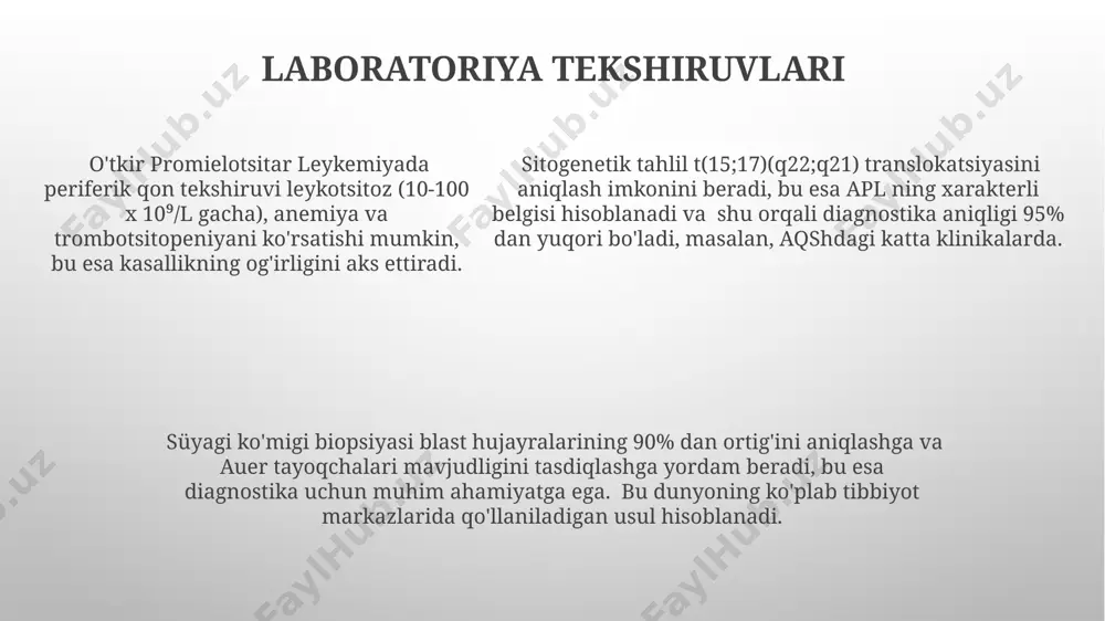 ni belgilashda muhim ahamiyatga ega. oldini olish choralari o'tkir promielotsitar leykemiya (opl) ning 90% dan ortig'i pml-rara genining translokatsiyasi bilan bog'liq bo'lib, bu dunyo bo'ylab, xususan janubiy osiyo va afrika mamlakatlarida keng tarqalgan. opl davolashda, retinoik kislota bilan birgalikda, antrasiklinlar va arsenik oksidi kabi kimyoterapiya usullari qo'llaniladi, bu bemorlarning 80-90% da to'liq remissiyaga erishish imkonini beradi. o'lim darajasi opl diagnostikasidan keyingi 3 yil ichida, davolanishning sifati va o'z vaqtida boshlanishiga qarab, 10% dan 40% gacha o'zgaradi, bu esa erta diagnostika va davolashning muhimligini ko'rsatadi. diagnostika usullari o'tkir promielotsitar leykemiyani tashxislashda periferik qondagi blast hujayralarining soni 90% dan yuqori bo'lishi, shuningdek, sitogenetik tahlil orqali t(15;17) translokatsiyasi aniqlanishi muhim ahamiyatga ega. immunofenotyping orqali cd34, cd13 va cd117 kabi antigenlarni aniqlash, shuningdek, oqsil ekspressioni tahlili orqali promielotsitlarning differensiatsiyasi darajasini baholash tashxisni aniqlashtirishga yordam beradi. splenomegaliya va limfadenopatiya kabi klinik belgilar bilan birga, mieloperoksidaza bo'yash usuli orqali auer tayoqchalari aniqlanishi tashxis qo'yishda yordam beradi. …