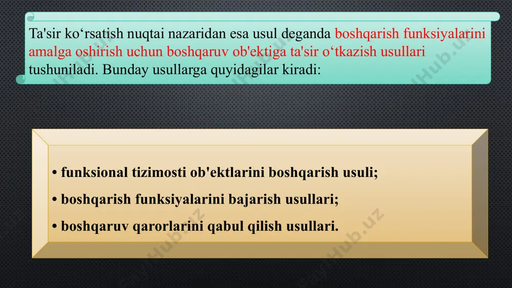 pastki va yuqori chegaralar, normalar, xizmatlar va bo‘limlarning o‘zaro ta'siri qoidalari. instruksiya- yo‘riqnoma - bu odamlarning individual fazilatlariga bog‘liq bo‘lmagan va boshqaruv tizimi talablaridan kelib chiqadigan jarayonlarni amalga oshirish uchun sharoit yaratish. boshqarish va boshqariladigan tizimlar oldiga aniq vazifalar qo‘yilganda - ishlab chiqarish jarayonini texnik, tashkiliy va iqtisodiy tartibga solishni ta'minlash, og‘ishlarning oldini olish, ilgari taqdim etilgan parametrlarni tiklash uchun boshqaruv jarayoni ma'muriy ta'sirsiz amalga oshira olmaydi. ma'muriy ta'sir buyruqlar, buyruqlar, qonuniy ko‘rsatmalar yordamida ta'minlanadi. ma'muriy ta'sir samarali bo‘lishi uchun uning bajarilishi ustidan qat'iy nazoratni tashkil etish zarur. farmoyish berish yo‘li bilan ta'sir ko‘rsatish barcha boshqarish bo‘limlari va organlarining (uyg‘un) ishlashini joriy ta'minlab turishdan iborat bo‘lib, bunga e'lon qilinadigan yozma yoki og‘zaki ko‘rsatmalar berish, yozma shaklda nashr etilgan yoki og‘zaki buyruqlar vositasi bilan erishiladi . iqtisodiy faoliyat - inson tirikligini ta'minlash usullari va vositalari majmui tushuniladi tashkiliy usullar shu yo‘l bilan boshqarish tizimida ichki ongli aloqalarning tarkib topishiga yordam beradi. …