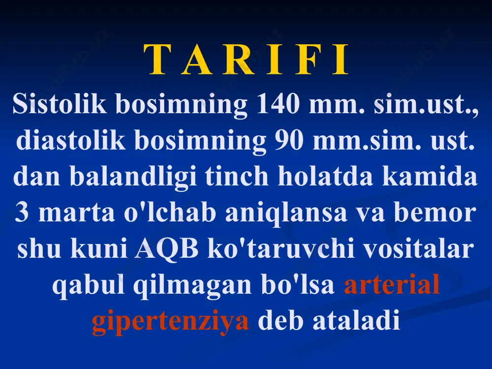 ajralishini cheklovchi mexanizmlar. qon tomir diametri va devori qalinligi nisbati (kernogan indeksi) normada (a) va gkda (b). gkda yurak chap qorinchasi miokardining kontsentrik (a) va ekstsentrik (b) gipertrofiyasi. t a s n i f i bsst, 1996 bosqichi mezonlar aqb nishon-azolar shikastlanishi i aqb ≥ 140/90 yo'q ii aqb ≥ 140/90 bor, azolar funktsiyalari buzilmagan holda iii aqb ≥ 140/90 bor, azolar funktsiyalari buzilishi bilan arterial qon bosimi darajalari tasnifi 2002 y kategoriya sistolik diastolik optimal 180 >110 izolirlangan sistolik gipertenziya >140 30% klinikasi shikoyatlari bosh og'rig'i bosh aylanishi xotira susayishi boshda shovqin ko'zlar oldida «dog'lar» uchishi va ko'rishning boshqa turli buzilishi yurak sohasi og'rig'i hansirash tez charchash tushkun kayfiyat klinikasi anamnestik malumotlar oilaviy anamnez lipid almashinuvi buzilishi ag davomiyligi dori vositalarini qabul qilishi yondosh kasalliklarining mavjudligi ikkilamchi ag simptomlarini aniqlash hayot tarzini baholash klinikasi fizikal tekshiruv bemorning holati semizlik – ayniqsa abdominal semizlik oyoqlar shishi teri rangi nevrologik simptomlar …