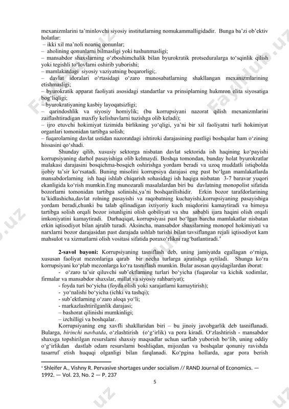 arolarning shaxsiy huquqlarini yanada bostirishga qaratilgan bo‘ladi. qisqasi,siyosat korrupsiya uchun xizmat qila boshlaydi. korrupsiyaning genezisi va evolyusiyasi. kishilik tarixiga nazar tashlasak, korrupsiyaning salbiy ijtimoiy fenomen sifatida juda qadim zamonlarda paydo bo‘lganligiga ishonch hosil qilamiz. bu asosan urug‘ va qabilalarning paydo bo‘lishidagi boshqaruv tizimining shakllanishi bilan bog‘liq bo‘lib, urug‘ yetakchisi va qabila boshlig‘ining o‘rnatilgan tartib-qoidalarni o‘z manfaatlari yo‘lida foydalanishi, aniqrog‘i, urug‘ va qabilalarning oziq-ovqat, kiyim-kechak resurslarini o‘zboshimchalik bilan taqsimlanishi natijasida paydo bo‘lgan, desak yangilishmagan bo‘lamiz. kishilik tarixida sudyalarning sotqinligi alohida tashvish uyg‘otgan, chunki ular pora evaziga sotilib mulklarni noqonuniy ravishda taqsimlash va nizolarni qonunchilik doirasidan tashqarida hal qilishga berilib ketganlar. shuning uchun ham yetakchi din vakillari sudyalarning poraxo‘rligini qoralab: "... boshliq sovg‘a talab qiladi, sudya esa pora olish uchun sud qiladi, zodagonlar o‘z qalblarining yomon istaklarini qondirish uchun ishni buzib ko‘rsatadilar”, "sovg‘alarni qabul qilmang, chunki sovg‘alar ko‘zi ochiqlarni ko‘r qiladi va haq-huquqlarni izdan chiqaradi” ,– deganlar. xviii asr oxiridan boshlab g‘arbda …