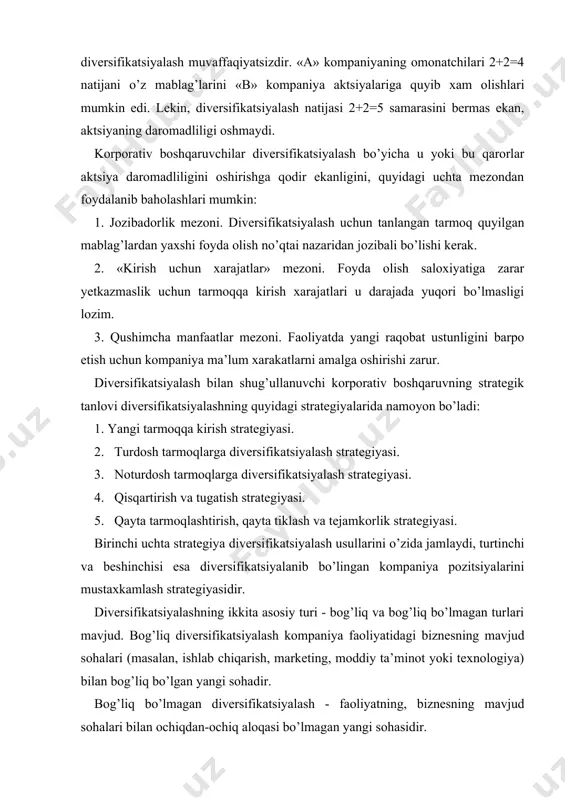 lgilab olish va xo’jalikning o’rta bugini faoliyatini kuzatib borish; - korporativ kapitallarni raqobatlashuvchi o’rta korxonalar o’rtasida joylashtirish. bunday sharoitlarda o’rta korxonalar asosiy idoraning faqat moliyaviy nazorati ostida bo’lgan mustaqil daromad markazlari vazifasini bajaradi. qayta tarkiblashtirish strategiyasi ichki kapitallar bozori strategiyasi turlaridan biridir. ular o’rtasidagi farq korporatsiyaning o’rta korxonalar faoliyatiga aralashuv darajasidadir. kompaniya faoliyatini diversifikatsiyalashda bunday kompaniyani boshqarish qiymatini ham hisobga olish talab qilinadi. ushbu xarajatlar o’rta korxonalar soni va ular o’rtasidagi koordinatsiya zarurati bilan aniqlanadi. masalan, ma’lum bir sinergizm mavjud bo’lgan 12 ta o’rta korxonadan iborat kompaniyadagi boshqarish xarajatlari sinergizm bo’lmagan 10 ta o’rta korxonadan iborat kompaniyadagiga qaraganda ko’proq bo’ladi (10-rasmga qarang). koordinatsiyaga ehtiyoji kuchli bo’lgan kompaniya o’z mavqeini o’rta korxona sinergizmi orqali kuchaytirishga intilmoqda, deb faraz qilaylik. koordinatsiyaga bo’lgan ehtiyoji unchalik kuchli bo’lmagan kompaniya esa ichki kapital bozori yoki qayta strukturalash strategiyasiga rioya qiladi. xarajatlar diversifikatsiyalash darajasi 7.2.-rasm. koordinatsiyaga sarflanadigan solishtirma xarajatlarning diversifikatsiya darajasiga bog’liqligi bog’liq bo’lmagan diversifikatsiyalashda o’rta …
