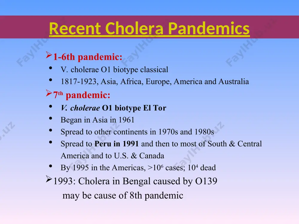 mally high rate which stimulates mucosal cells to pump large amounts of cl- into the intestinal contents. how does cholera toxin work? h2o, na+ and other electrolytes follow due to the osmotic and electrical gradients caused by the loss of cl-. the lost h2o and electrolytes in mucosal cells are replaced from the blood. thus, the toxin-damaged cells become pumps for water and electrolytes causing the diarrhea, loss of electrolytes, and dehydration that are characteristic of cholera. how does cholera toxin work? inactivates gtpase function of g-protein coupled receptors in intestinal cells g proteins stuck in “on” position 100 fold increase in camp activation of ion channels ions flow out and water follows 1)bact prod toxin that…. 2)prevents hydrolysis of gtp to gdp diagnosis cholera should be suspected when patients present with watery diarrhea, severe dehydration based on clinical presentation and confirmed by isolation of vibrio cholera from stool no …