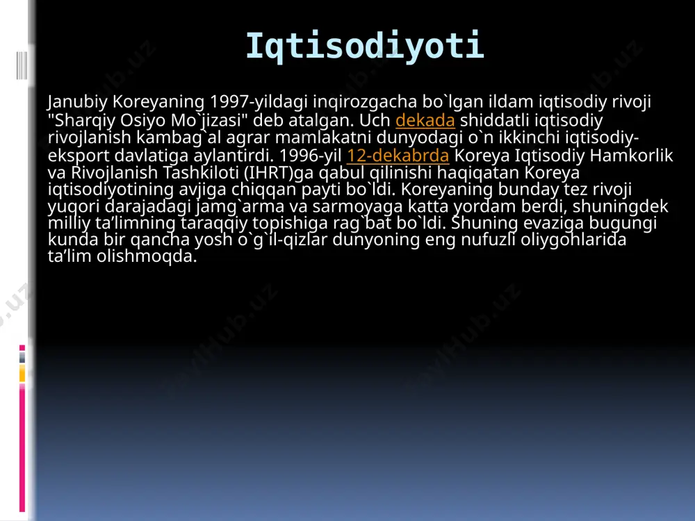 vvatlay bo’shlaydi. iqtisodiyot tezlik bilan ko’tarila boshladi, ayrim iqtisodiy islohotlarning o’tkazilishi yalpi milliy mahsulotining o’sishiga olib keladi. uchinchi respublika ] to’rtinchi respublika to’rtinchi respublika 1972-yli yusin konstitutsiyasining qabul qilinishi bilan boshlanadi. bu konstitutsiya prezidentlik boshqaruvini yanada mustahkamlaydi va keng vakolatlar beradi. bu davr juda tez o’sib borayotgan koreya respublikasi iqtisodiyotining regressiyaga uchrashi bilan xarakterlanadi. ] beshinchi respublika 1979-yilda general pak o’ldirilishi bilan koreya respublikasida uzoq yillarga cho’zilgan siyosiy inqiroz boshlanadi. 8 yil davomida xalq demokratiya uchun kurash olib boradi. uzoq davom etgan kurashlardan so’ng 1987-yilda koreya respublikasida demokratik saylovlar o’tkaziladi. . 1998-yilning o’rtalariga kelib koreya respublikasi oxirgi 20 yil ichida uchramagan iqtisodiy inqiroz boshlanadi, ishsizlik va inflatsiya (pul qadrsizlanishi) kuchayib ketadi. ammo prezident o’z va’dalarini bajarishi tufayli tez orada yana koreya respublikasi iqtisodiyoti ko’tarila boshlaydi. shimoliy koreya bilan ilk marta aloqalar o’rnatiladi. 2000-yilda koreya respublikasi prezidenti shaxsan kxdrga rasmiy tashrif buyuradi, bu esa ikki davlat orasida ozgina bo’lsa-da iliqlikni vujudga …
