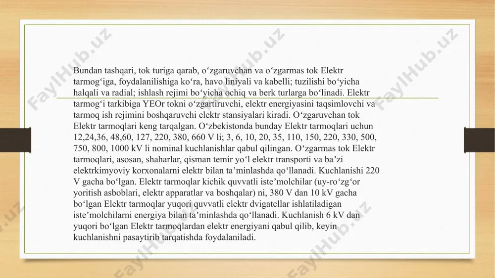ida yoritish ikki turga bo’linadi: 1. ish joytarini, hovli sathini yetarli darajada yoritish uchun - ishchi yoritish; 2. ishchi yoritish o ‘chganda minimal yoritishni ta’minlovchi - favqulotda yoritish. ishchi yoritish quyidagilarga bo’linadi:• umurniy yoritish sistemasi;• joylardagi yoritish sistemasi: • aralash yoritish sistemasi.joylardagi yoritishni xususiyati shundan iboratki, o‘tkazgich, yoritgich va boshqa elementiar ishlovchiga yaqin joylashgan bo1 lib, yoritish qurilmasi elementlariga tegib ketish ehtimoiini keltirib chiqaradi, natijada joylardagi yoritishda xavfsizlik masalasi muhim ahamiyatga ega bo'iadi. joylardagi yoritishda yoritgichlarni kuchlanishi 36 v dan oshmaydi. alohida noqulay sharoitlarda 12 v dan koip bo'lmaydi. bunday yoritgichlar maxsus transformatorlar yordamida elektr bilan ta’minlanadi. favqulotda yoritishda mustaqil energiya manbasi talab qiiinadi, ya’ni:1. akkumulyator batareyasi; 2. ishchi yoritish manbasiga bog'liq bo'lmagan manbaga ulangan transformator; 3.kuchlanishi 1000 v gacha bo'igan fabrika-zavod elektr stansiyalarini yordamchi generatorlari, ko'chma elektrostansiya generatorlari.yoritgichlar shundav yoritish guruhlariga bo'iinadiki, bunda birorta guruhi o'chganda qolgan guruhlar pasaytirilgan jadallik bo'yicha bo'lsa, ishchilarini ishlash imkoniyatini yaratadi. bu sxemada ikkita …
