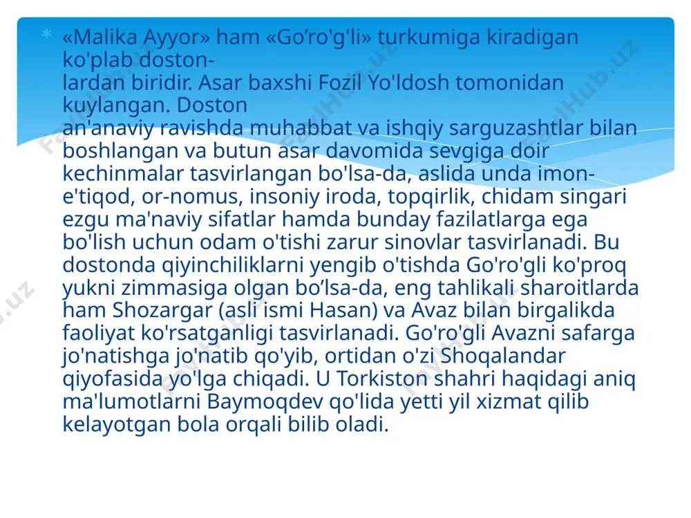 digidan, toshbaqaning tuxumidan dori tayyorlab qo'yishadi. uchovi yana qirq kecha-yu, qirq kunduz yo'l yurishadi. beldoz degan bir qirga yetib, o'sha yerda to'xtashadi. avaz tepani aylanib yurganda bir g'orni ko'radi va g'orga kirib qirq devning mast bo'lib yotganligini ko'radi. bu devlarning kattasini yaproq­dev deyishar ekan. avaz go'ro'g'li degan so'zni aytgandan so'ng, devlar­ning aqli shoshib, hol-ahvol so'rab ketishadi devlar avazdan «yolg'iz keldingmi?» deb so'raganlarida yo’ldoshlari borligini aytadi. devlardan biri ularni chaqirish uchun borayotganida asad va shodmon qo'rqqanlaridan qocha boshlashadi. shunda dev qaytib kelib; ularning qo'rqib qochayotganlarini aytganda, avaz yolg'ondan ular qo'rqmasliklarini, har biri 90 dev yeyishini aytadi, yolg'ondan ularning oti hurkib qochayotganini bahona qiladi va o'zi borib ularni olib keladi. yaproqdev avazdan qayoqqa va nima uchun ketayotganini bilgach, ularga yordam beradi. avaz, asad va shodmonni uchta olmaga, otlarini uch to'rg'ayga aylantirib, 10 kecha-yu, 10 kunduz uchishadi. devlar ularni yigirma yillik yo'lga olib borib qo'yadilar. bir tilsimot bilan avaz, merganlar va otlari o'z …