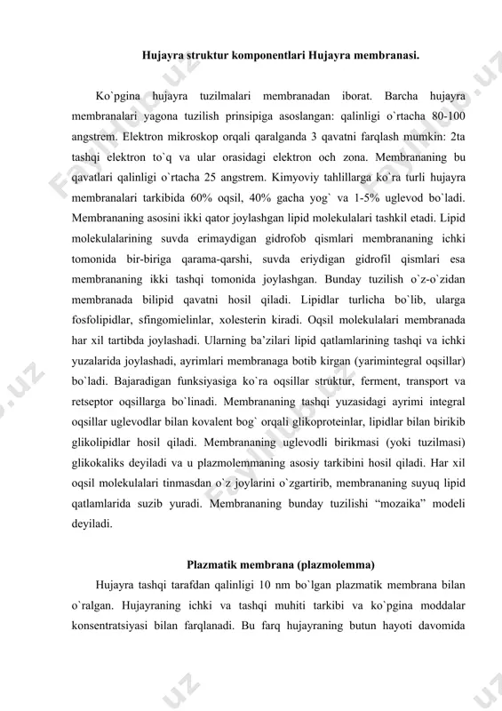 a va ionlarning hujayraga kirishi va chiqishini boshqaruvchi plazmatik membrana yordamida saqlab turiladi. elektron mikroskop orqali tekshirish membrana dinamikasi haqida muhim xulosalarni keltirib chiqardi. bu xulosalar plazmatik membranani fagotsitoz, pinotsitoz va sekretor jarayonda ishtirokini o`rganish oqibatida olindi. fagotsitoz va pinotsitozda yutilayotgan modda hujayra membranasi bilan o`ralgan holda sitoplazma ichiga o`tadi. moddalarni yutilishida qatnashayotgan membrana asosiy membranadan ajralib sitoplazma tomon botib kirib, undan ajraladi. asosiy membrana butunligi ikki chetdagi membranani qo`shilishi bilan qayta tiklanadi. fagotsitoz – bu, yirik zarrachalarni, bakteriyalarni, hujayra fragmentlarini qamrab olinishi va ularni hujayra ichiga o`tishidir. pinotsitoz – bu cuyuqlangan makromolekulyar moddalarni qamrab olinishi va ularni hujayra ichiga o`tishidir. sekretor jarayonda esa buning aksi kuzatiladi. masalan, me’da osti bezi hujayralari zimogen granulalarni ajralishida, ushbu granulalarni o`rab turuvchi membrana plazmatik membranaga qo`shilib ketadi. hujayradan tashqariga membrana ajralmaydi, balki u hujayra membranasi bilan qo`shilib ketadi va uning ichidagi fermentlargina tashqariga sekretsiya qilinadi (ekzotsitoz). plazmatik membrana hujayrada kechuvchi moddalar almashinuvida ham …