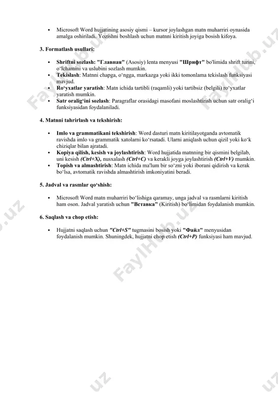 ta: bu matnni tahrirlash va formatlash uchun zarur bo‘lgan buyruq va vositalarni o‘z ichiga oladi. · matn muharriri oynasi: asosiy ish maydoni bo‘lib, matnni kiritish va tahrirlash amalga oshiriladi. 2. matn yaratish va kiritish: · microsoft word hujjatining asosiy qismi – kursor joylashgan matn muharriri oynasida amalga oshiriladi. yozishni boshlash uchun matnni kiritish joyiga bosish kifoya. 3. formatlash usullari: · shriftni sozlash: "главная" (asosiy) lenta menyusi "шрифт" bo'limida shrift turini, o‘lchamini va uslubini sozlash mumkin. · tekislash: matnni chapga, o‘ngga, markazga yoki ikki tomonlama tekislash funksiyasi mavjud. · ro‘yxatlar yaratish: matn ichida tartibli (raqamli) yoki tartibsiz (belgili) ro‘yxatlar yaratish mumkin. · satr oralig‘ini sozlash: paragraflar orasidagi masofani moslashtirish uchun satr oralig‘i funksiyasidan foydalaniladi. 4. matnni tahrirlash va tekshirish: · imlo va grammatikani tekshirish: word dasturi matn kiritilayotganda avtomatik ravishda imlo va grammatik xatolarni ko‘rsatadi. ularni aniqlash uchun qizil yoki ko‘k chiziqlar bilan ajratadi. · kopiya qilish, kesish va joylashtirish: word …