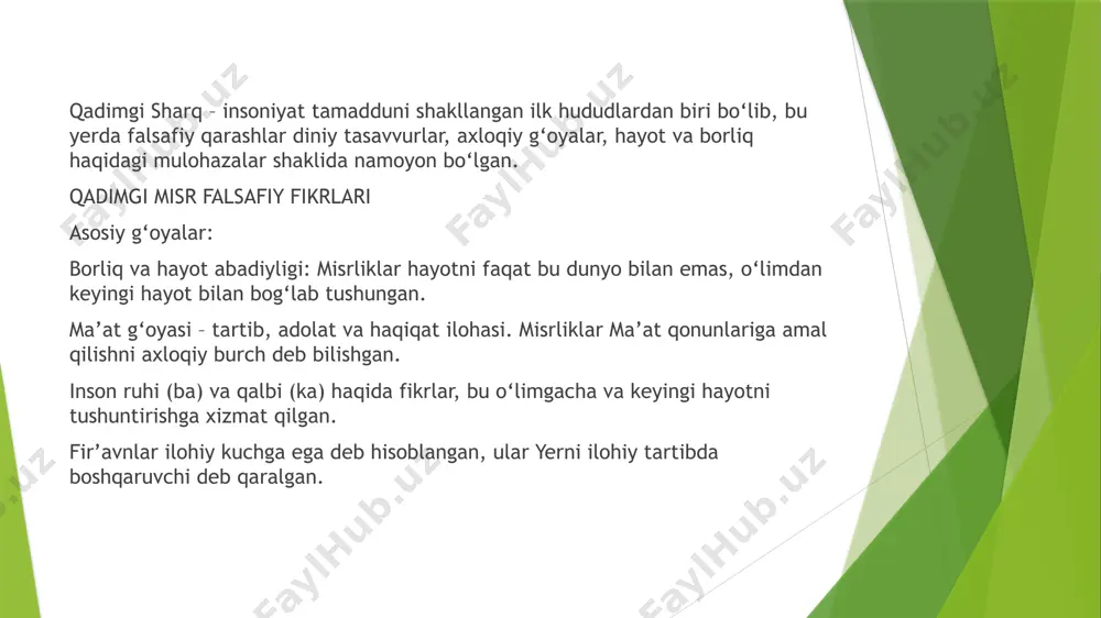 jamiyat – bu oqil rahbar boshchiligidagi adolatli davlat. bunday jamiyatda: fan, ma’rifat rivojlangan axloqiy poklik mavjud har kim o‘z joyida xizmat qiladi 5. mantiq va tafakkur farobiy aristotel mantiqini sharqda rivojlantirgan. u mantiqni to‘g‘ri fikrlash san’ati deb atagan. falsafaning barcha sohalari mantiqqa tayanishi kerak deb hisoblagan. farobiyning asarlari: “fozil odamlar shahri” “baxtga erishish yo‘llari” “aql ma’nolari haqida” “mantiqqa kirish” “aristotel ilmlar tasnifi haqida” 🧠 ibn sino va falsafa > ibn sino (avitsenna) – sharqning buyuk allomasi, faylasuf, tabib, matematik va tabiatshunos. u aristotel falsafasini davom ettirib, yangi g‘oyalar bilan boyitgan. 1.falsafa taʼrifi ibn sino falsafani shunday tariflaydi: “falsafa – bu mavjudotning mohiyati va sabablari haqida ilm.” uningcha, falsafa barcha fanlarning onasi bo‘lib, ular ichida eng umumiy va asosiyidir 2. borliq (ontologiya) nazariyasi u mavjudotni zaruriy va mumkin mavjudot deb ikki xilga ajratadi: zaruriy mavjudot – mavjud bo‘lishi shart va abadiy (alloh). mumkin mavjudot – mavjud bo‘lishi ham, bo‘lmasligi ham mumkin …