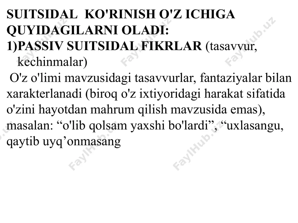 i oladi, ya'ni o'lish istagining o'zi bilan emas, balki stressli vaziyatlar yoki jazodan qochishga urinish bilan bog’liq. ko'pchilik tadqiqotchilarning ta'kidlashicha, 13 yoshgacha bo'lgan bolalardagi suitsidal axloq -kam uchraydigan ko'rinish, va faqat 14-15 yoshga yetgandagina suitsidal faollik keskin o'sadi, 16-19 yoshda eng yuqori darajaga yetadi. guruxiy treninglar kamchiliklari. 1. guruh, ayniqsa, shaxsiy oʼsish (psixo-tuzatish), kundalik ijtimoiy hayotda qabul qilingan muloqot uslubiga mos kelmaydigan oʼziga xos, gʼayrioddiy muloqot uslubini yaratishga yordam beradi. ishtirokchilarning oddiy hayotga oʼtishi ogʼriqli boʼlishi mumkin. muayyan vaqt uchun maʼlum bir dezaptasyon mavjud. ishtirokchi atrofidagi odamlardan oʼsha reaktsiyalarni, xatti-harakatlarni, muloqot uslubini, guruhda mavjud boʼlgan muhitni kutadi. bu disadaptatsiya holati shaxsning turli xulq-atvori va hissiy reaktsiyalarini keltirib chiqarishi mumkin.boshqalarning xulq-atvoriga nisbatan oʼta murosasizlikni ifodalashdan chalkashlik, izolyatsiya, oʼz-oʼzidan chekinishgacha. suitsidal axloqning shakllanishiga, xavotirli va ruhiy azoblanish holati ham ta”sir ko’rsatadi . bolalarda ruhiy azoblanish holatining belgilari quyidagilar bo'lishi mumkin: qayg’u, bolalarga xos bo'lmagan kuchsizlik, -uyqu va ishtahaning buzilishi, -og’irlikning pasayishi va …