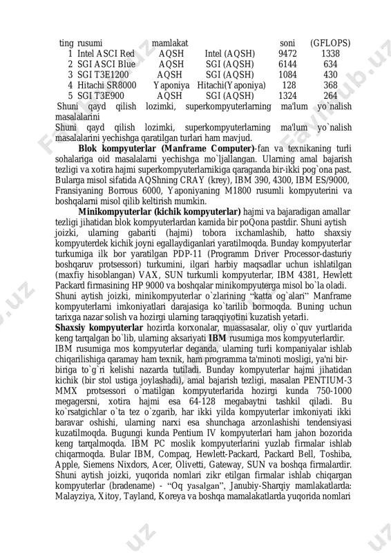gabaytni tashkil qiladi. bu ko`rsatgichlar o`ta tez o`zgarib, har ikki yilda kompyuterlar imkoniyati ikki baravar oshishi, ularning narxi esa shunchaga arzonlashishi tendensiyasi kuzatilmoqda. bugungi kunda pentium iv kompyuterlari ham jahon bozorida keng tarqalmoqda. ibm pc moslik kompyuterlarini yuzlab firmalar ishlab chiqarmoqda. bular ibm, compaq, hewlett-packard, packard bell, toshiba, apple, siemens nixdors, acer, olivetti, gateway, sun va boshqa firmalardir. shuni aytish joizki, yuqorida nomlari zikr etilgan firmalar ishlab chiqargan kompyuterlar (bradename) - “oq yasalgan”, janubiy-sharqiy mamlakatlarda: malayziya, xitoy, tayland, koreya va boshqa mamalakatlarda yuqorida nomlari keltirilgan firmalar litsenziyasi asosida ishlab chiqarilgan kompyuterlar “sariq yasalgan” nomga ega. firma nomlari ko`rsatilmagan kompyuterlar esa “nomsiz kompyuterlar” (noname)deb yuritiladi. ayniqsa, keyingi guruh kompyuterlarni sotib olishda ular yaxshi tekshiruvdan (testlar yordamida) o`tkazilishi lozim. shaxsiy kompyuterlar uchun uning muhim ko`rsatkichi ishlash kafolatining (kamida uch yil) bo`lishi muhim. shu bilan birga, bunday kompyuterlarni sotib olganda litsenzion programma ta'minoti va tegishli adabiyotlar bilan birga berilish imkoniyati mavjudligi nazarda tutilishi …