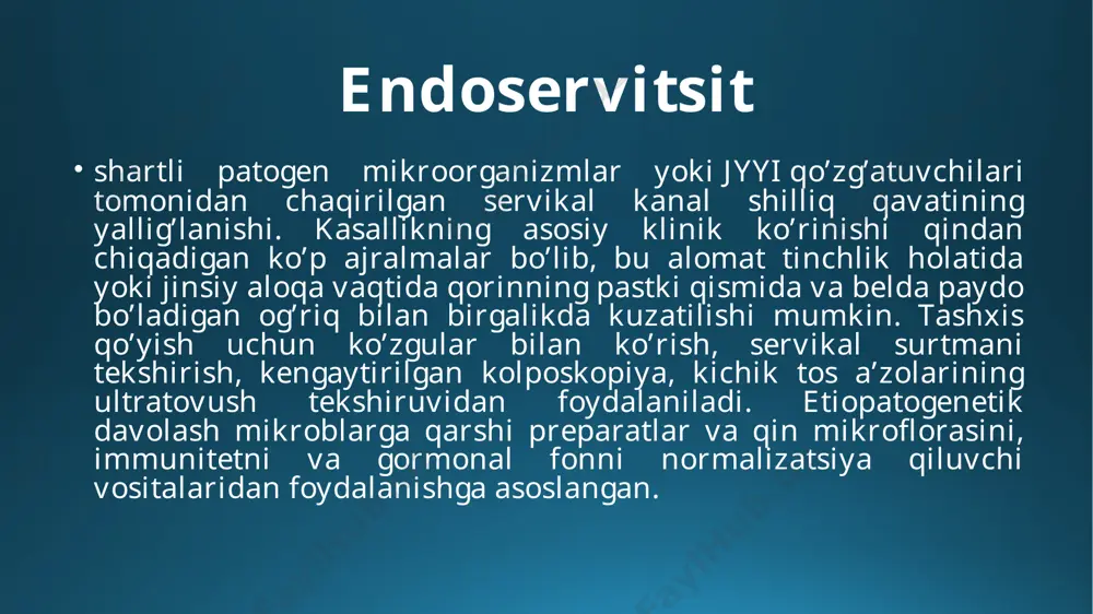 . bachadon ichi spirali (bis), kimyoviy spermitsidlarni qo’llash, sifati past lateksdan tayyorlangan prezervativlar, servikal qalpoqchalar va diafragmalar, kislotalar bilan chayish tufayli allergik reaktsiyalar yoki ta’sirlanish. klimaks davrida estrogen darajasining pasayishi hisobiga atrofik o’zgarishlar. qin va bachadon bo’yni prolapsida ayol ichki jinsiy a’zolari joyining o’zgarishi. somatik, infektsion, endokrin kasalliklar fonida, immunosupressiv preparatlar qabul qilishda immunitetning umumiy zaiflashuvi. to’siqli kontratseptivlardan foydalanmay pala-partish jinsiy hayot kechirish. endoservisit patogenezi endoservitsit rivojlanishining asosi — bosqichma-bosqich yallig’lanish. dastavval mikroorganizmlar servikal kanalning shoxlangan kriptalariga kiradi. bunda silindrik epiteliy shikastlanadi va ko’chadi, bazal membrana ochilib qoladi, bezlardan shilliq sekret ajraladi. to’qimalar po’k bo’lib qoladi, immun javob va regeneratsiyani ta’minlaydigan makrofaglar, limfotsitlar, fibroblastlar va boshqa hujayralar faollashadi. yakuniy bosqichda to’qimalar tiklanadi, lekin bunda servikal bez chuqurchalarining yopilishi natijasida ba’zi hollarda nabotov kistalari shakllanishi mumkin. bachadon bo’yni qin bilan umumiy anatomo-fiziologik tizimni tashkil qilganligi bois, shunga o’xshash jarayonlar qin shilliq qavatida va bachadon bo’ynining vaginal qismida (ekzoserviksda) ham sodir bo’lishi …