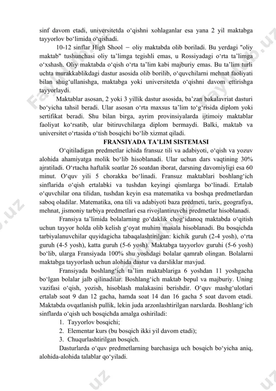 hlang’ich ta’lim janubiy koreyada zamonaviy ta’lim sohasidagi yana bir yangilik jismoniy jazoning bekor qilinishi. 2000-yillarning boshlariga qadar talabalar orasida itoatkorlikni rivojlantirish maqsadida intizomiy vazifalarga ishora (individual yondashish) va guruhiy jazo choralari kiritilgan, masalan, butun dars davomida barcha bolalar sinfdoshining huquqbuzarligi uchun qo‘llarini ko‘tarib turishadi. boshlang‘ich maktab 6 ta sinfni o‘z ichiga oladi. ta’limning birinchi bosqichini tugatgandan so‘ng, talabalar yashash joyidagi o‘rta darajaga o‘tkaziladi. shu bilan birga, kirish uchun imtihonlarni topshirishning hojati yo‘q. istisno ma’lum bir mavzuni chuqur o‘rganadigan maxsus o‘rta maktablar. masalan, janubiy koreyada iqtidorli bolalarni (san’at, musiqa va hk) o‘rgatadigan ta’lim muassasalari mavjud. o‘rta maktab ikki darajaga bo‘linadi: dastlabki uch yil hamma uchun majburiydir. koreys ta’lim tizimining o‘rta maktabida asosiy fanlardan tashqari yana quyidagilar qo‘shiladi: · aniq fanlar - matematika, fizika. · estetik bilim. · kelajakdagi kasb-hunarga yo‘naltirilgan tanlovli mavzular. · tong tarovati mamlakati fuqarosining shaxsiyatini shakllantiruvchi tadbirlar (masalan, o‘z xalqining tarixi, siyosiy vaziyatni o‘rganish va boshqalar). kanadada ta’lim …