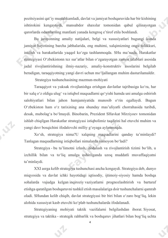 izchillik bilan va to‘liq amalga oshirilganda uzoq muddatli muvaffaqiyatni ta’minlaydi. xxi asrga kelib strategiya tushunchasi ancha kengaydi. strategiya deb, dunyo miqyosida va davlat ichki hayotidagi iqtisodiy, ijtimoiy-siyosiy hamda boshqa sohalarda vujudga kelgan inqiroziy vaziyatlarni prognozlashtirish va bartaraf etishga qaratilgan boshqaruvni tashkil etish masalalariga doir tushunchalarni qamrab oladi. shundan kelib chiqib, davlat strategiyasi bir biri bilan o‘zaro bog‘liq, lekin alohida xususiyat kasb etuvchi ko‘plab tushunchalarda ifodalanadi. strategiyaning mohiyati taktik vazifalarni belgilashdan iborat. siyosat, strategiya va taktika - strategik rahbarlik va boshqaruv jihatlari bilan bog‘liq uchta mustaqil kategoriyadir. ularning farqi shundan iboratki, strategiya tasdiqlangan va amalga oshirish uchun qabul qilingan bo‘lsa, uning joriy qilinishi strategiyalashtirilayotgan ob’ektning mayog‘iga aylanadi. taktika esa strategik vazifalarni amalga oshirish bo‘yicha kundalik, oylik va yillik (joriy) rejalarni va ularning echimi bo‘yicha tadbirlarni taqozo etadi. siyosat - bu strategiya va taktikani yagona samarali amal qiluvchi tizimga agregatsiya va integratsiya qilinishidir. ko‘rib turganimizdek, strategiyaning asl mohiyatida xalqimizning orzu-umidlari yo‘g‘rilgan g‘oyalardan …