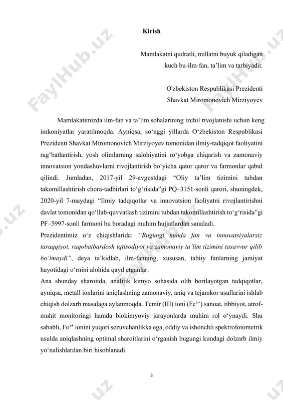 ’kidlab, ilm-fanning, xususan, tabiiy fanlarning jamiyat hayotidagi o‘rnini alohida qayd etganlar. ana shunday sharoitda, analitik kimyo sohasida olib borilayotgan tadqiqotlar, ayniqsa, metall ionlarini aniqlashning zamonaviy, aniq va tejamkor usullarini ishlab chiqish dolzarb masalaga aylanmoqda. temir (iii) ioni (fe³⁺) sanoat, tibbiyot, atrof-muhit monitoringi hamda biokimyoviy jarayonlarda muhim rol o‘ynaydi. shu sababli, fe³⁺ ionini yuqori sezuvchanlikka ega, oddiy va ishonchli spektrofotometrik usulda aniqlashning optimal sharoitlarini o‘rganish bugungi kundagi dolzarb ilmiy yo‘nalishlardan biri hisoblanadi. ushbu kurs ishida temir (iii) ionining sulfosalisil kislotasi bilan kompleks hosil qilishi asosida spektrofotometrik aniqlanishi o‘rganiladi, uning uchun eng maqbul sharoitlar aniqlanib, amaliy takliflar ishlab chiqiladi. kurs ishining dolzarbligi: hozirgi vaqtda metall ionlarini aniq va tezkor usullar bilan aniqlash muhim ilmiy yo‘nalishlardan biri hisoblanadi. temir (iii) ionining sanoat, atrof-muhit va biologik tizimlardagi ahamiyatini inobatga olgan holda, uning sezgir va ishonchli aniqlash usullarini ishlab chiqish dolzarb masaladir. ayniqsa, sulfosalisil kislotasi asosida spektrofotometrik aniqlash usuli oddiyligi, tejamkorligi va yuqori aniqligi bilan …