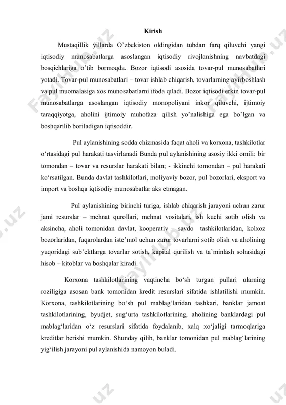 amalga oshishida pul kabi vositachi ishtirok qilmaydi. ayirboshlash jarayoni pulsiz muvozanat tariqasida namoyon buladi. ayirboshlashning oddiy shakli, mazmun jihatidan sodda bo‘lsa – da, amalga oshirish jarayonida ma’lum qiyinchiliklar mavjud. shuning uchun tomonlar o‘rtisidagi oldi – sotdi jarayonini tezroq va samaraliroq amalga oshiruvchi vositachi zarur. bu jarayonning kechishi, ishlab chiqarish uchun zarur bo‘lgan moddiy va mehnat resurslari shu resurslar uchun to‘lovlar – ish haqi, renta to‘lovlari, foiz daromadlari bilan bog‘langan holda tovar va pul massasini tenglashtiruvchi mustaqil aylanishni yuzaga keltiradi. tovar bozori va resurslar bozorining yuzaga kelishi, mahsulot va milliy daromadning yuzaga kelishiga olib keladi. milliy daromadning bir qismi aholi tomonidan jamg‘arilib moliyaviy bozorlar orqali investitsiya shaklida korxona, tashkilotlar ixtiyoriga kelib tushadi, bir qismi esa davlat zayomlari orqali byudjet defitsitini qoplashga yo‘naltiriladi. natijada pul oqimi o‘zining asosiy yo‘nalishlari orqali korxona, tashkilot, aholi, tovarlar bozori va resurslar bozoridan o‘tib moliya bozori va davlatgacha yetib keladi, ya’ni, aholiga kelib tushadigan daromadning bir qismi …