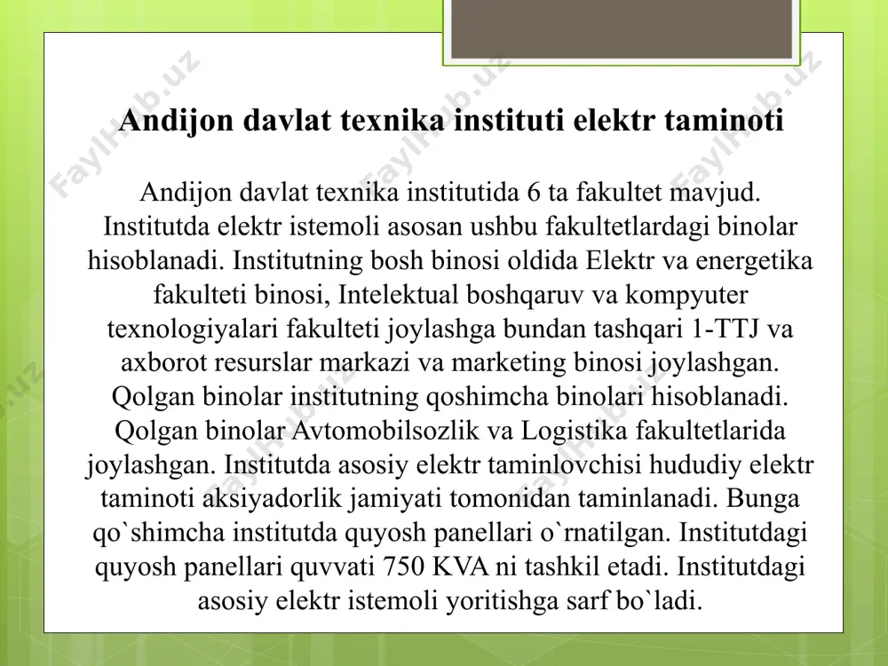 na fidri orqali yopiq taqsimlash punkti yani transformator 6/0.4 kvli kuchlanish bilan taminlanadi. ushbu binoda elektr istemoli asosan yoritishga sarf bo`ladi. ushbu binoda bitta sport zali bitta kompyuter xonasi va faollar zali va o`quv xonalari mavjud. tp -407 raqamli quvvati s-250 kva li yopiq holdagi transformator o`rnatilgan. ushbu binoning tepa qismida 200 kva li quyosh panellari o`rnatilgan. quyosh panellarining har birining quvvati 540 w ni tashkil etadi. logistika fakulteti binosining elektr taminoti andijon davlat texnika instituti logistika fakulteti elektr taminoti quyidagicha. logistika fakulteti 4-podstansiya 110/35/6 kv taqsimlash punktdan sanoat qurilish bank fidri orqali yopiq taqsimlash punkti yani transformator 6/0.4 kvli kuchlanish bilan taminlanadi. ushbu binoda elektr istemoli asosan yoritishga sarf bo`ladi. ushbu binoda bitta sport zali bitta kompyuter xonasi va faollar zali va o`quv xonalari mavjud. tp -38 raqamli quvvati s-250 kva li yopiq holdagi transformator o`rnatilgan. ushbu binoning tepa qismida 200 kva li quyosh panellari o`rnatilgan. quyosh panellarining har …