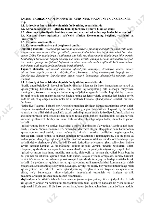 ori baho berib, u insonni “homo economicus” - “iqtisodiy odam” deb atagan. haqiqatdan ham, har bir odam iqtisodiyotning mohiyatini, hayot ne`matlari nimalar evaziga berilishini anglamaguncha, mablag’larni ishlab topish va ulardan samarali foydalanishni o`rganmaguncha, oila miqyosi va undan yuqori darajadagi iqtisodiyot uchun ma`qul keluvchi sifat va miqdor o`lchamlariga ega bo`ladi, deb o`ylash noto`g’ri bo`lar edi. demak, iqtisodiyot o`lchamlari (ham salbiy, ham ijobiy) avvalo insonlar harakati va faoliyatining, oqilona ho`jalik yuritish, moddiy boyliklarni ishlab chiqarish, ayirboshlash va taqsimlashni samarali olib borish qobiliyati natijasida yuzaga keladi. iqtisodiyot inson hayotining moddiy, ma`naviy, fiziologik va boshqa ehtiyojlari bilan bog’liq bo`lgan har bir jabhasini qamrab oladi. oila qurish, kelajak avlodni tarbiyalash, zaruriy turmush tarzini ta`minlash uchun odamlarga oziq-ovqat, kiyim-bosh, turar joy va boshqa vositalar kerak bo`ladi. bu predmetlar, qoidaga ko`ra, iqtisodiyotning turli tarmoqlaridagi korxonalarda ishlab chiqariladi. shu sababli iqtisodiyotning, ayniqsa, avvalgi ma`muriy-buyruqbozlik tizimidagi rejali iqtisodiyotdan farq qiluvchi bozor iqtisodiyotining rivojlanish tendentsiyalari va qonunlarini bilish, ro`y berayotgan …